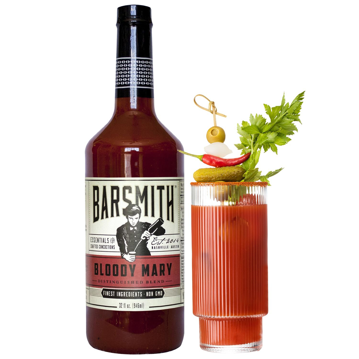 Barsmith Bar Essentials Bloody Mary Mix - Made with Real Tomatoes, Fresh Horseradish & Worcestershire Sauce - Cocktail Mixer for Vodka, Tequila - Ideal For Brunch and Parties - 32oz Bottle (Pack of 1)