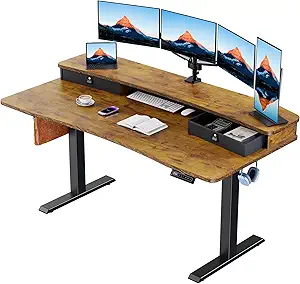 HUANUO 60″ x 30″ Electric Standing Desk with 2 Drawers, C-Clamp Mount Compatible, Height Adjustable Computer Desk, Home Office Stand Up Desk with 4 Preset Heights & 2 Hooks, Vintage Brown