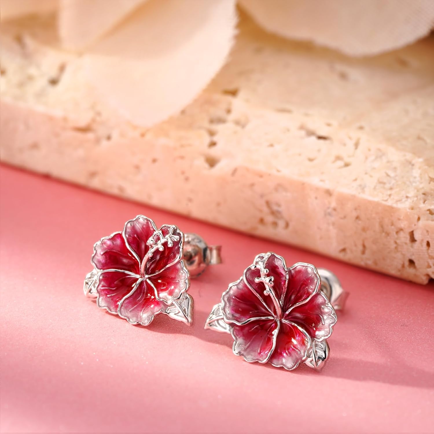 Hibiscus Stud Earrings 925 Sterling Silver Flower Earrings Hibiscus Flower Jewelry Gifts for Women - Image 2