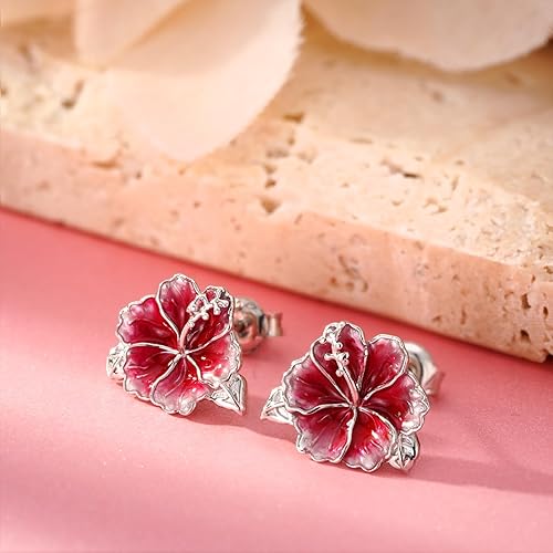 Miniatura 2 de Aretes de tuerca de hibisco de plata de ley 925, aretes de flor de hibisco, regalos para mujer