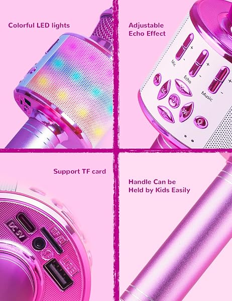 BONAOK Microfono Bluetooth Karaoke Bambini, Portatile Microfono Che Cambia la Voce con Altoparlante, Microfono Karaoke Bluetooth Wireless per la Festa in Casa(Light Viola) - 4