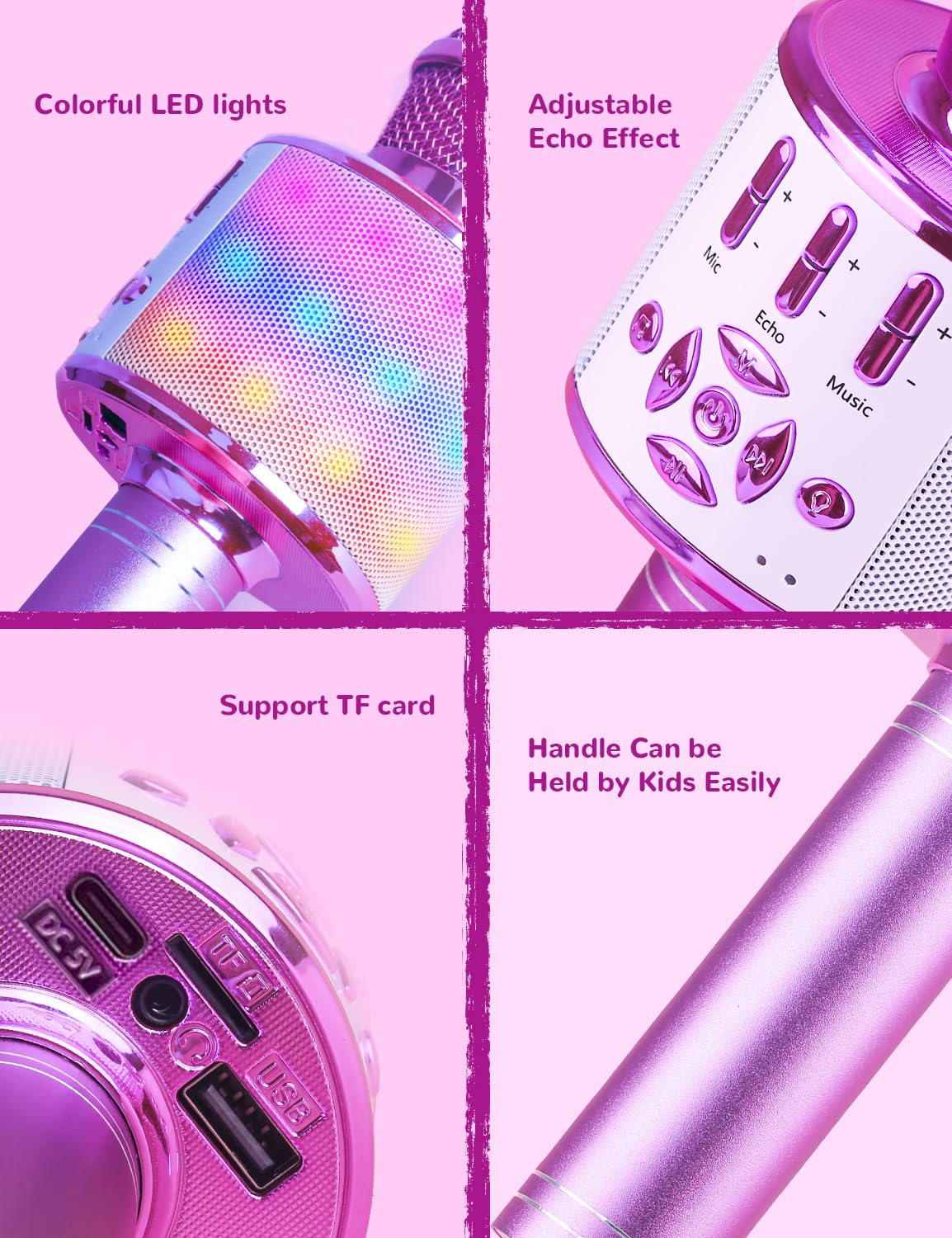 BONAOK Microfono Bluetooth Karaoke Bambini, Portatile Microfono Che Cambia la Voce con Altoparlante, Microfono Karaoke Bluetooth Wireless per la Festa in Casa(Light Viola) - 4