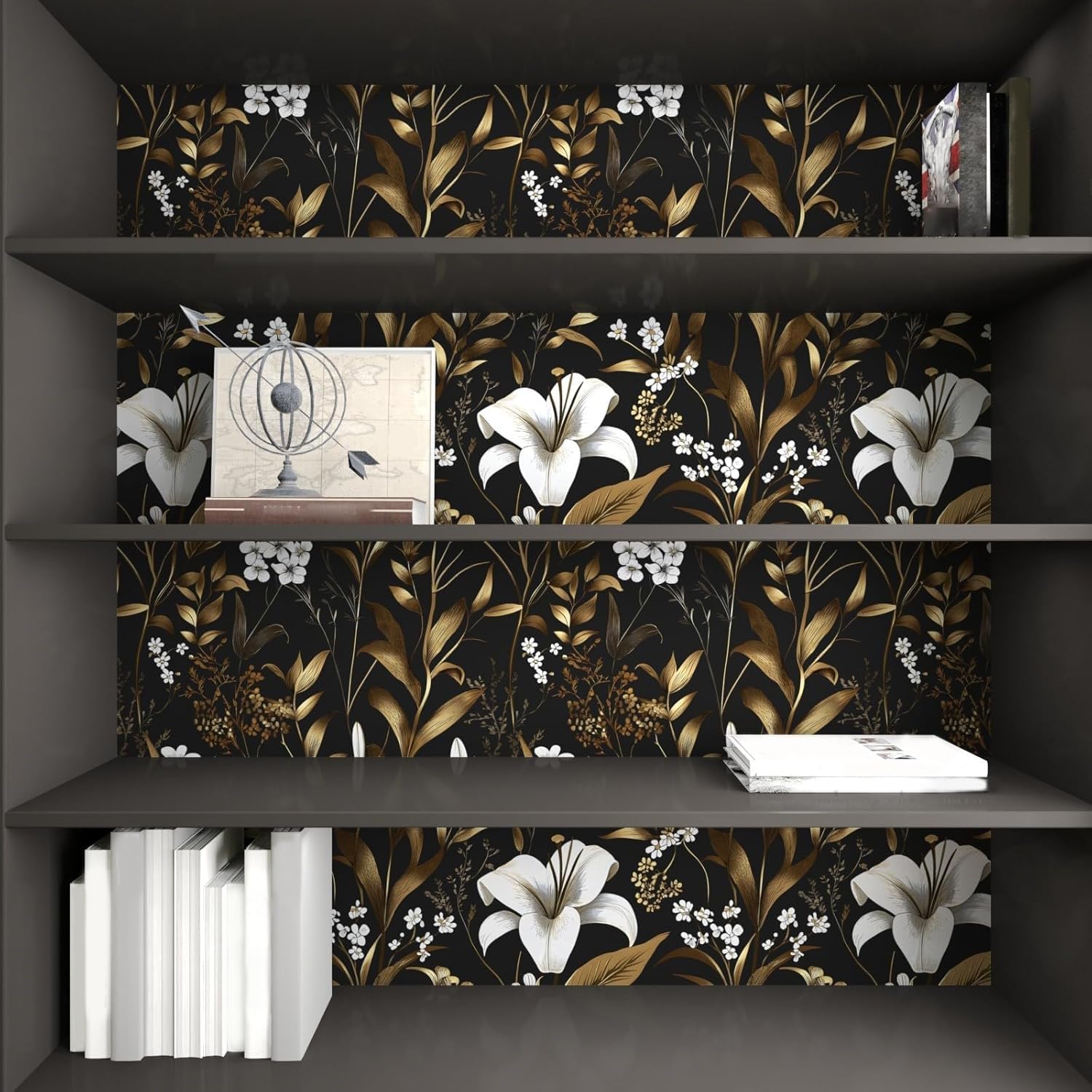 Laatse Black White Floral Wallpaper Peel and Stick, Dark Gold Vintage Contact Paper 17.5" x 393", Golden Botanical Wall Paper Self Adhesive Removable Waterproof for Bedroom Cabinet Drawer Table Decor