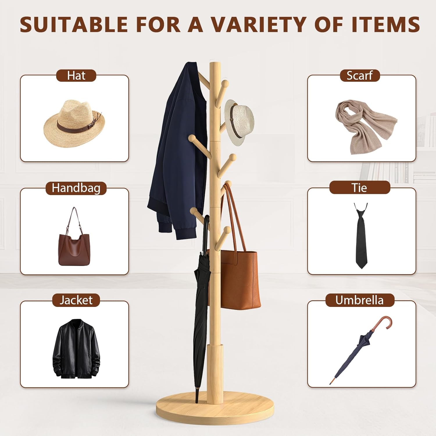 Coat Rack Freestanding Wooden Coat Tree Stand with 8 Round-tip Hooks, 3 Adjustable heights Coat Hat Rack for Entryway,Bedroom,Hallway,Office (Natural)