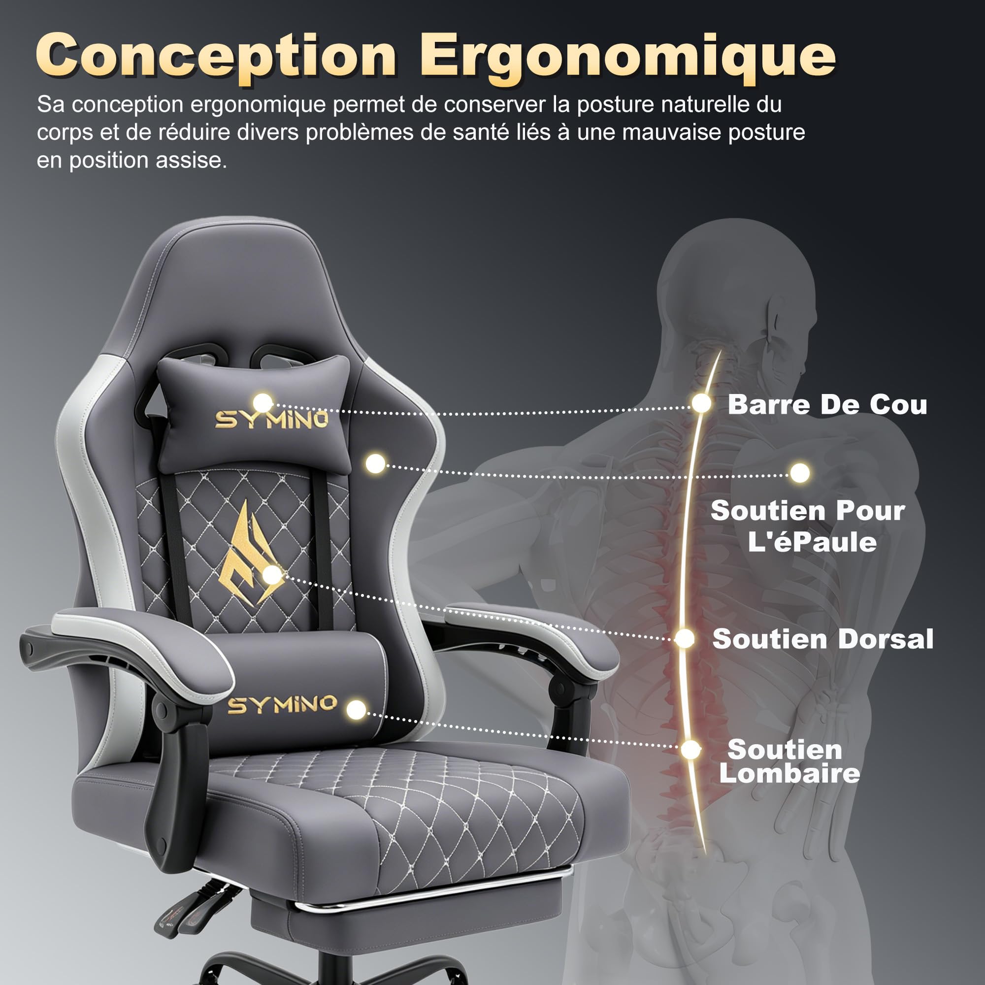 Symino Sedia Gaming con Poggiapiedi, Braccioli Collegati e Seduta da 10cm, Sedia Ergonomica da Ufficio in Pelle PU, Reclinabile 150° per Computer e Gioco