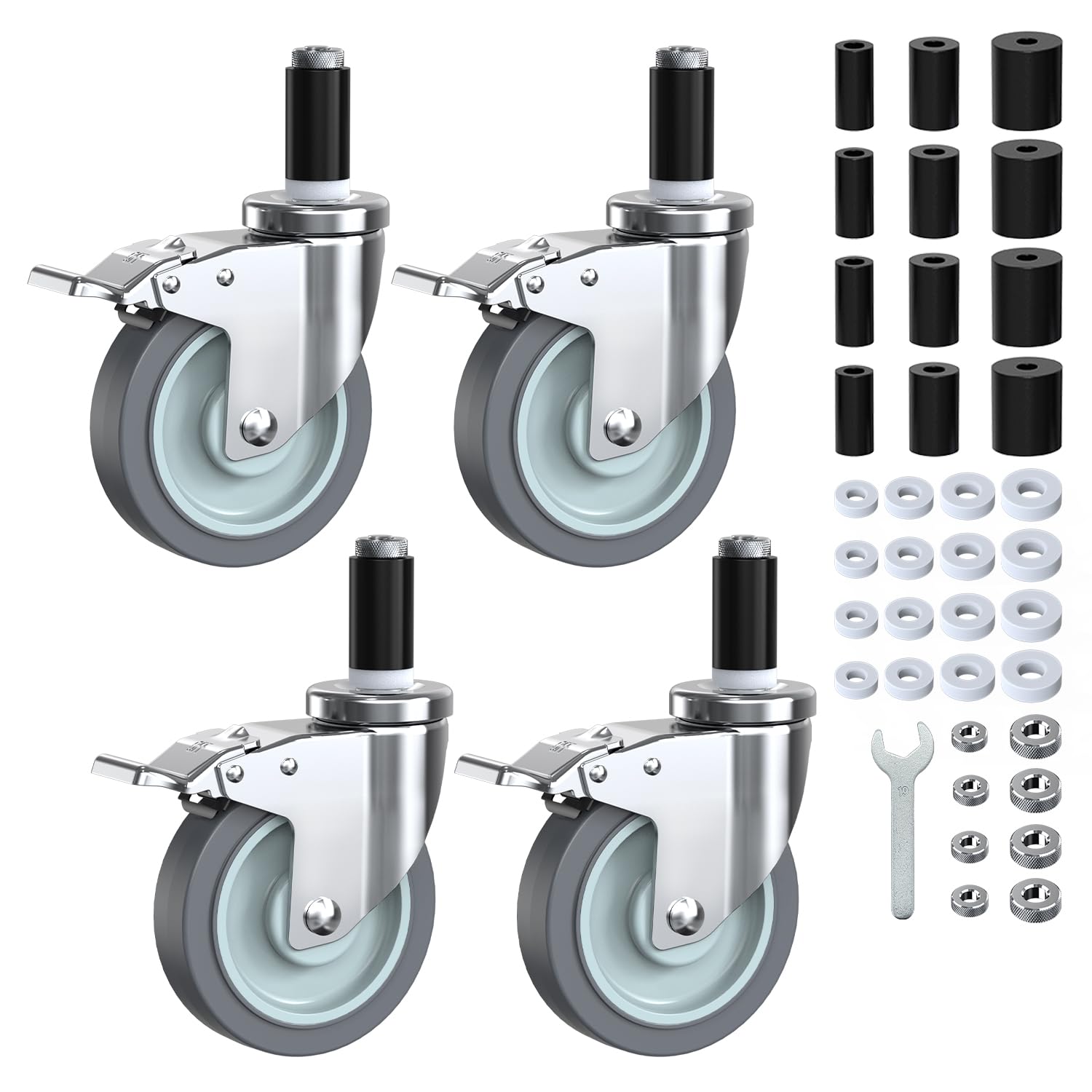 Photo 1 of HOLKIE Caster Wheels Locking 5 Inch Expanding Stem Casters, Threaded Swivel Casters Set of 4 Heavy Duty Castors, Fit 1", 1-1/4", 1-2/5",1-1/2", 1-5/8" ID Stainless Steel Table, Cart, Furniture Legs