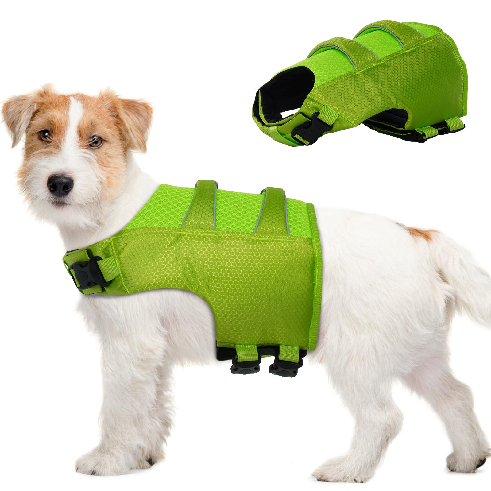 Hjumarayan Chaleco Salvavidas Perro, Ripstop Flotador Perro con Asa de Rescate Chaleco Flotador Perro Reflectante Flotador Perro de Flotabilidad Fuerte Flotador Perro Pequeño Mediano (Verde S)