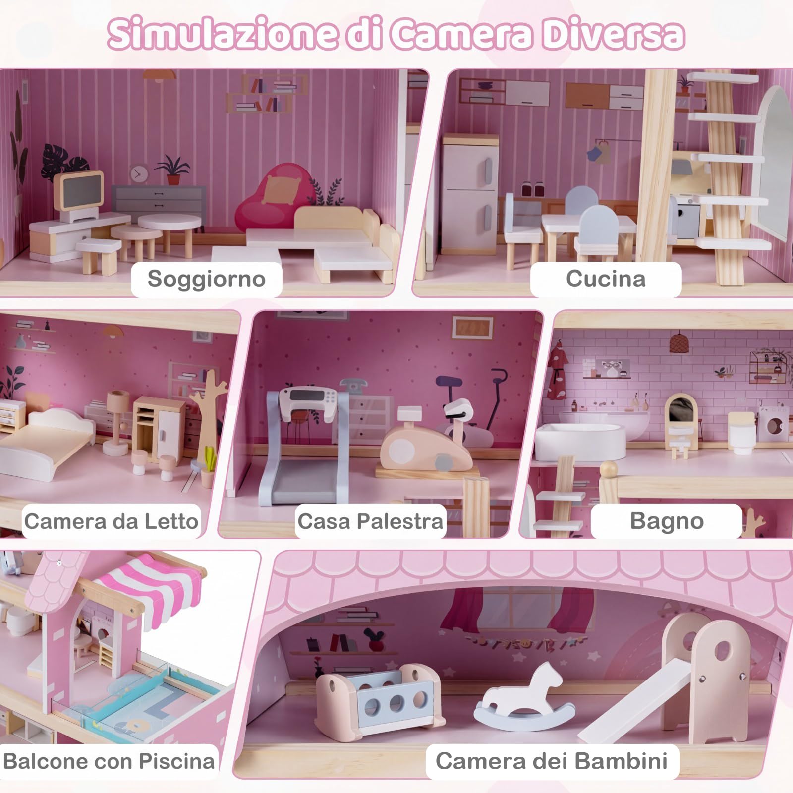 COSTWAY Casa delle Bambole in Legno, Casa Bambole con 4 Piani, 6 Stanze, Terrazza, Piscina e Scale, Casetta Giocattolo Educativo con 33 Mobili Accessori, per Bambini 3+ Anni, 63 x 25 x 78 cm (Rose)