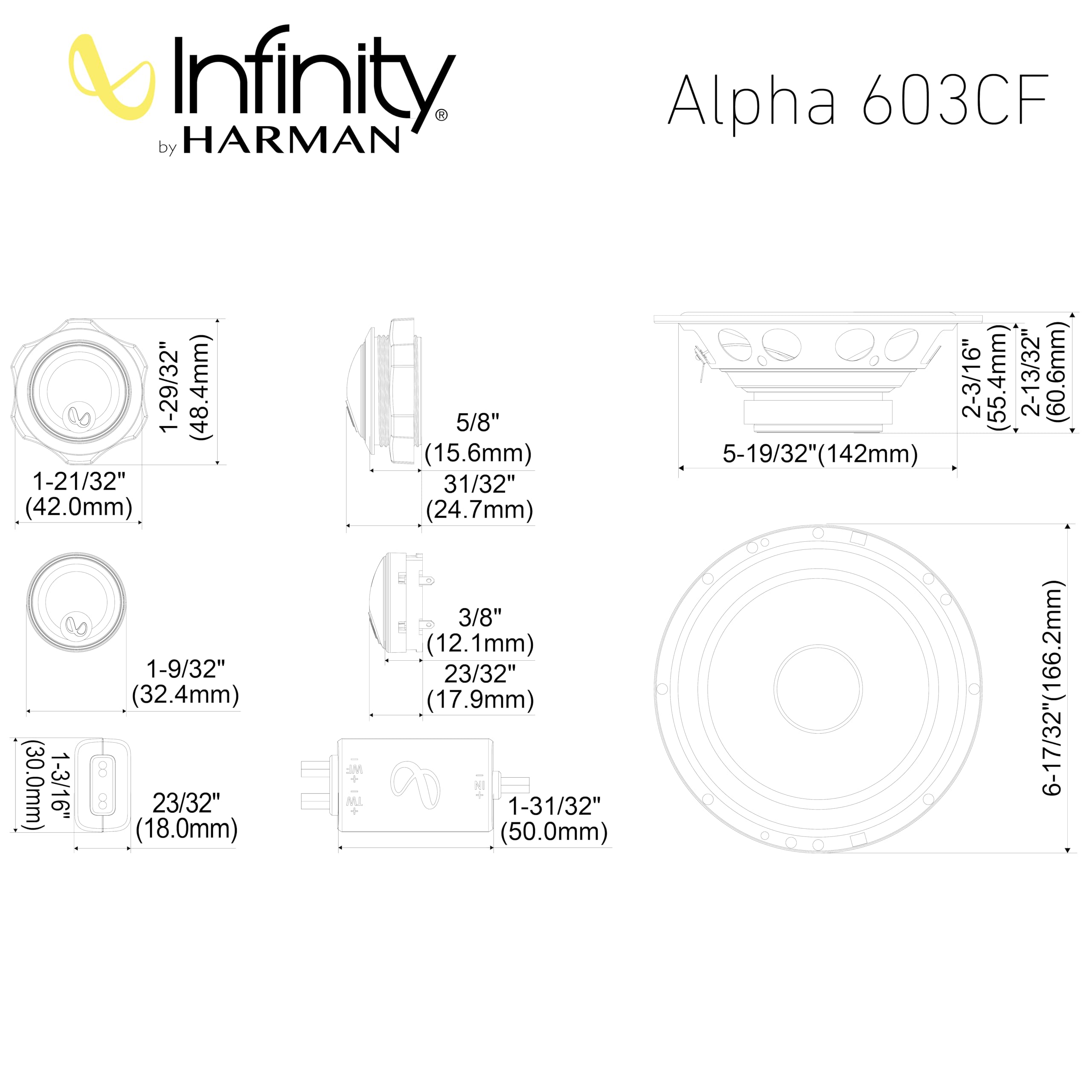 Infinity Alpha 603CF 6.5 in / 16.5 cm Haut-Parleur Composant Voiture | 90 W RMS / 720 W max, 90 dB, 4 Ohm, 60 Hz-20 kHz - tweeter PEI edge-driven - woofer Plus One polypropylène - kit composant