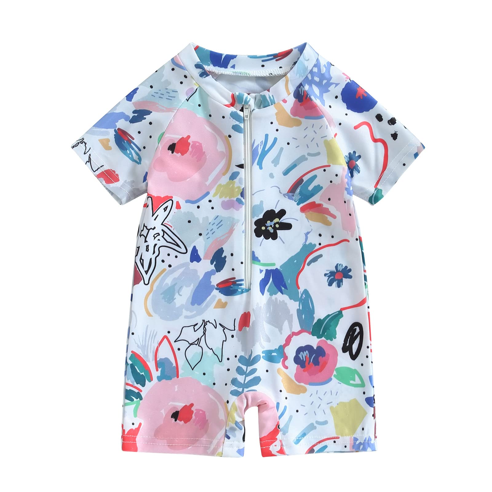 niceclould Toddler Boy Girl Short Sleeve One Piece Zipper Swimsuit Watercolor Swimwear Romper Jumpsuit Beach Bathing Suit (US, Age, 12 Months, 18 Months, A-Watercolour)
