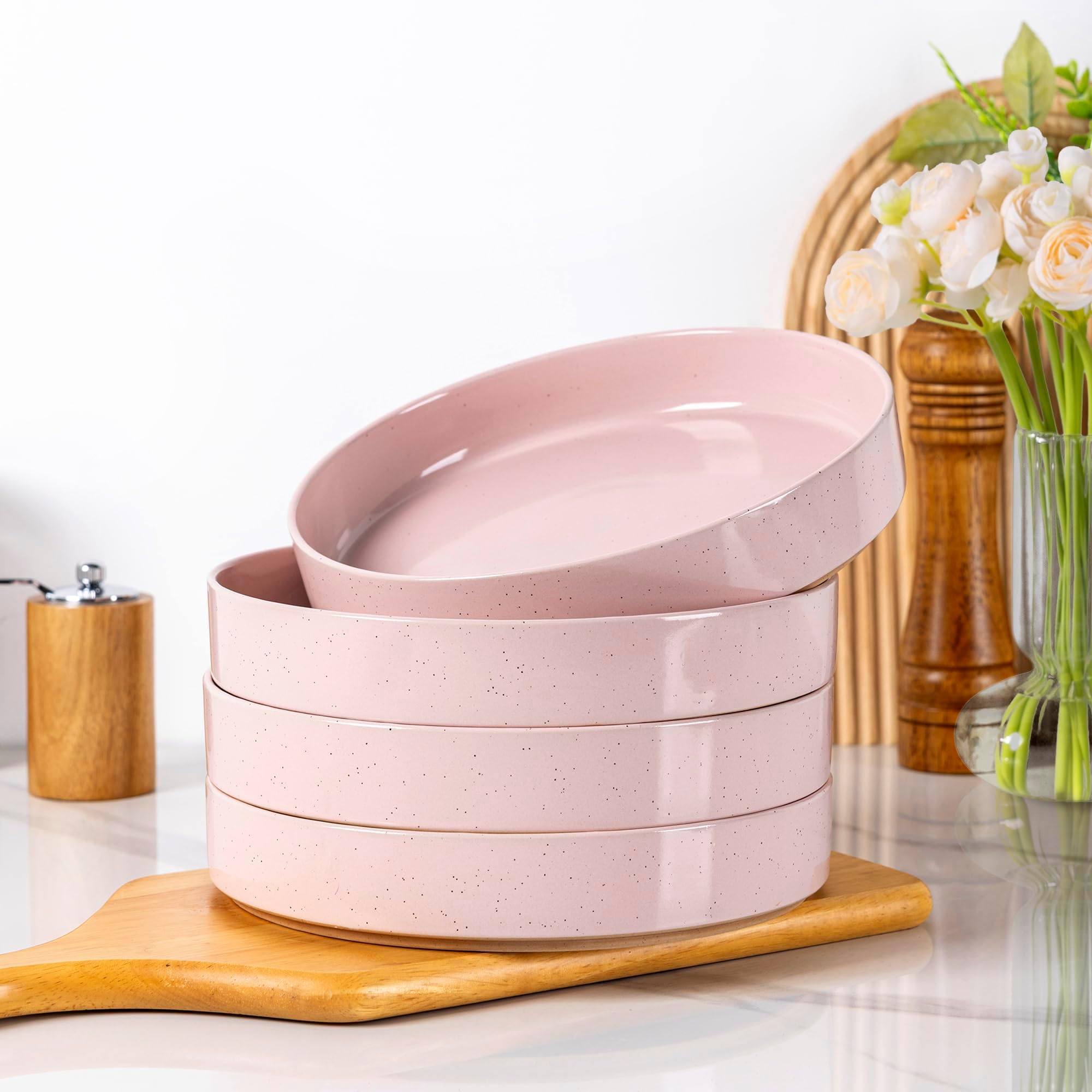 AmorArc 9.0" Large Ceramic Pasta Bowls, 32oz Handmade Speckled Stoneware Pasta Bowls Set of 4, Microwave & Dishwasher Safe Bowls With Terracotta Underside for Fruit Pasta Salad-Pink