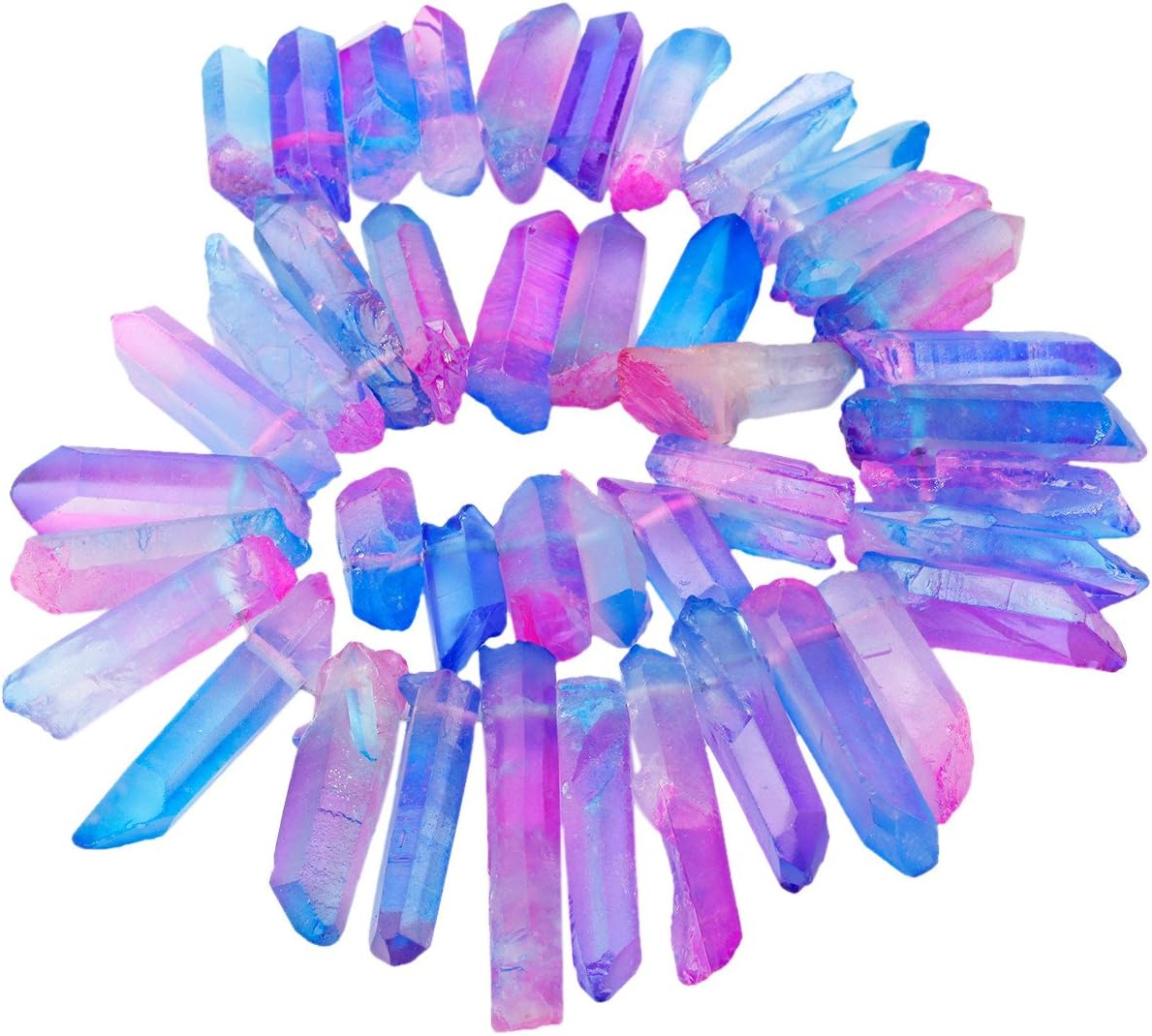 Nupuyai Natural Rock Crystal Quartz Crystal Points for Jewelry Making, Titanium Coated Aura Crystal Top Drilled Graduated Spike Stone Beads 15" Full Strand
