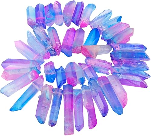 Nupuyai Puntos de cristal de cuarzo de roca natural para hacer joyas, cuentas de piedra de punta graduada perforadas con revestimiento de titanio,