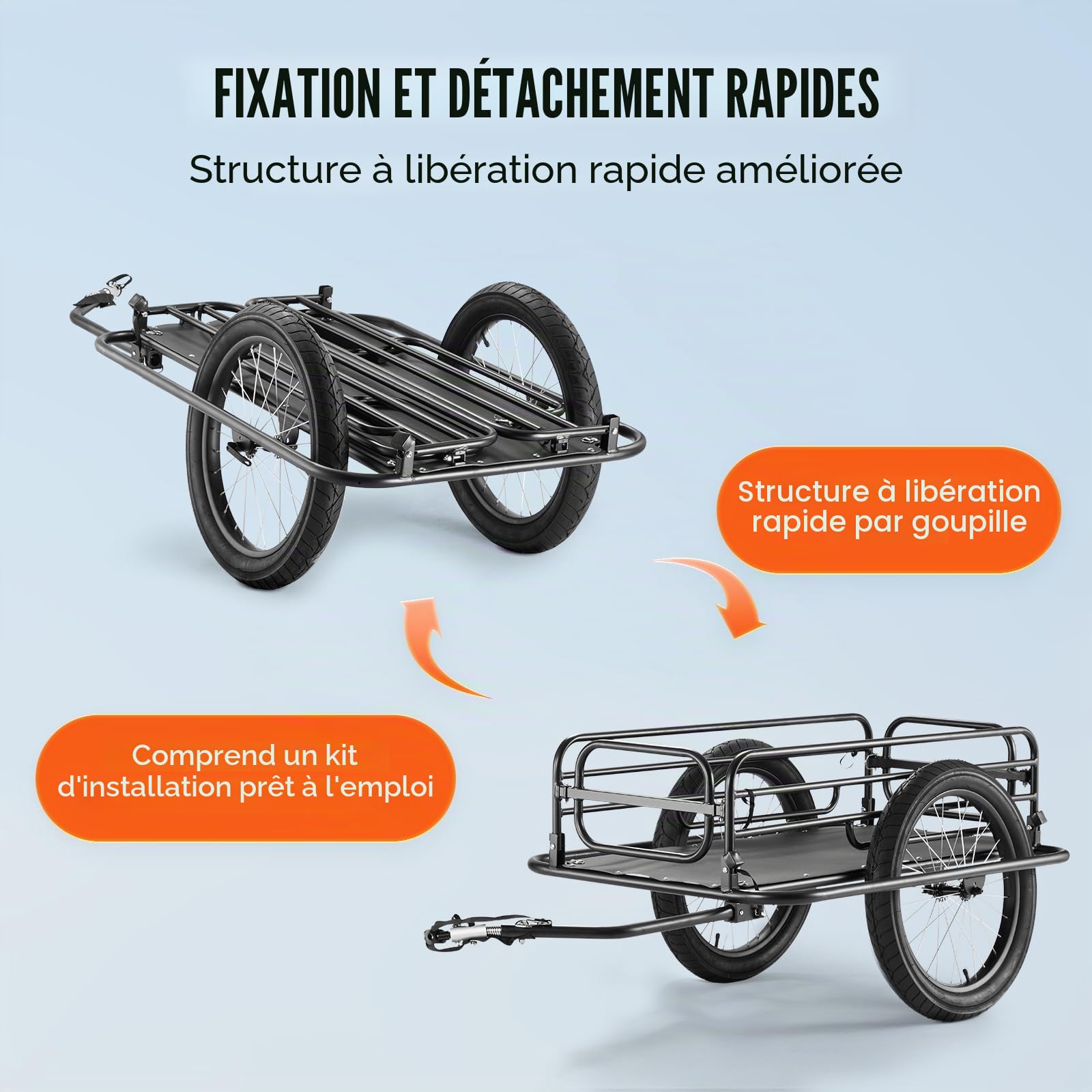 VEVOR Remorque de vélo, capacité de Charge de 125 kg, Chariot de vélo, Rangement Compact Pliable et dégagement Rapide, Roues de 508 mm, s'adapte à la Plupart des Roues de vélo, en Acier au Carbone