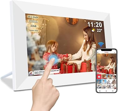 Frameo White 10.1 Inch Smart WiFi Digital Photo Frame,Digital Picture Frame Wi-Fi with 32GB Storage & SD Slot, Electronic Picture Frame IPS Touch Screen with Auto-Rotate, Gifts for Mom, House Warming