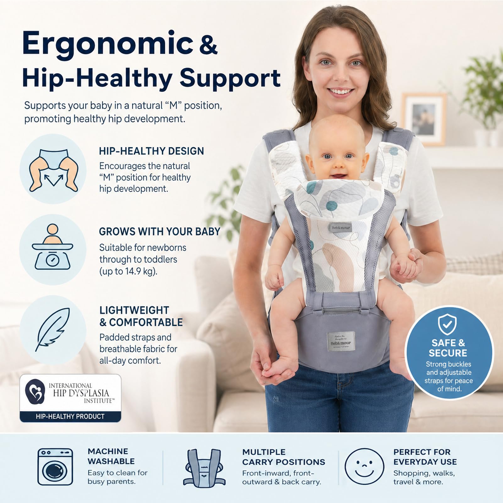 Bebear Marsupio,Bebamour Marsupio per 0-36 mesi, marsupio traspirante da neonato a bambino, approvato dagli standard di sicurezza, seggiolino ergonomico 6 in 1 anteriore (New Air Grey)