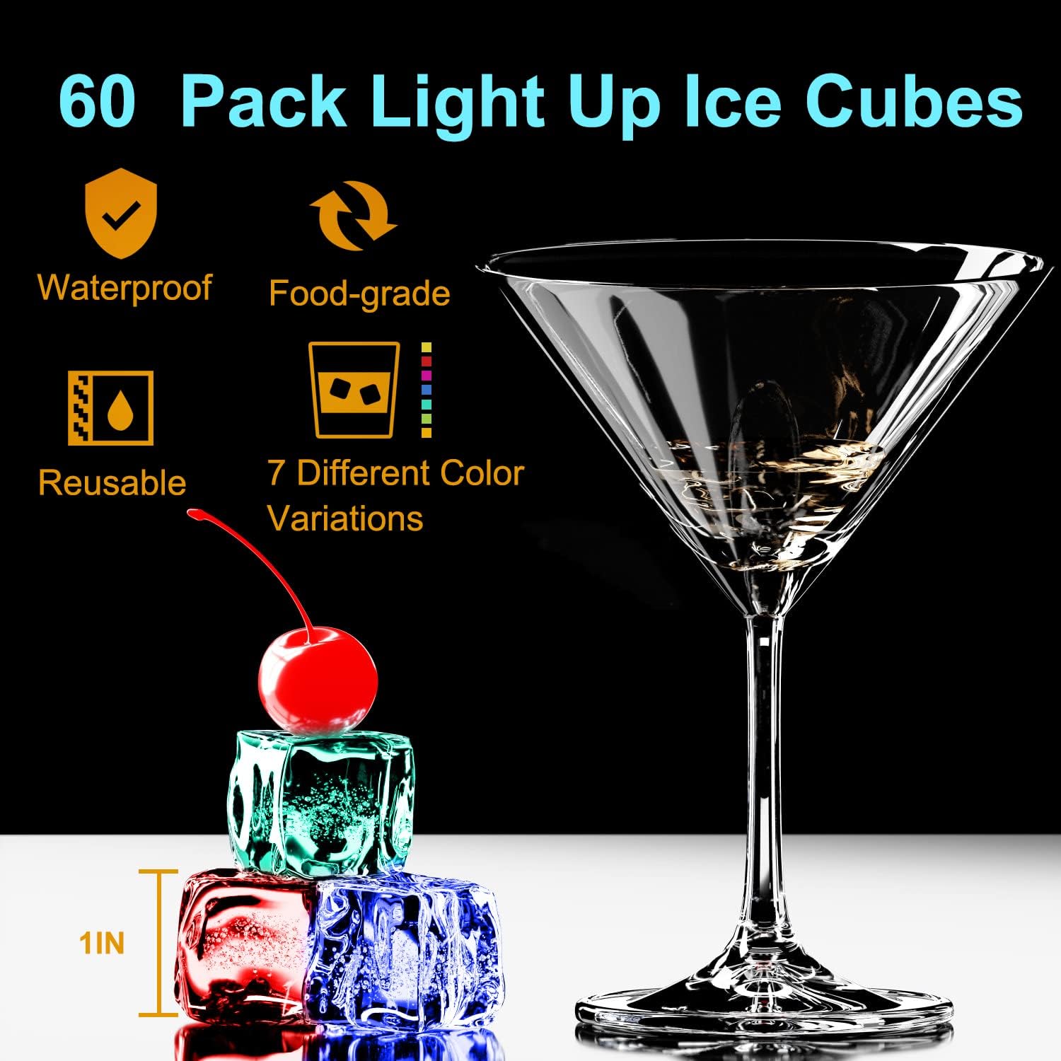 60PCS Waterproof LED Light Up Ice Cubes for Drinks That Change Colors Flashing Glow in the Dark for Bar Club Drinking Party Wine Wedding Swimming Pool Decoration