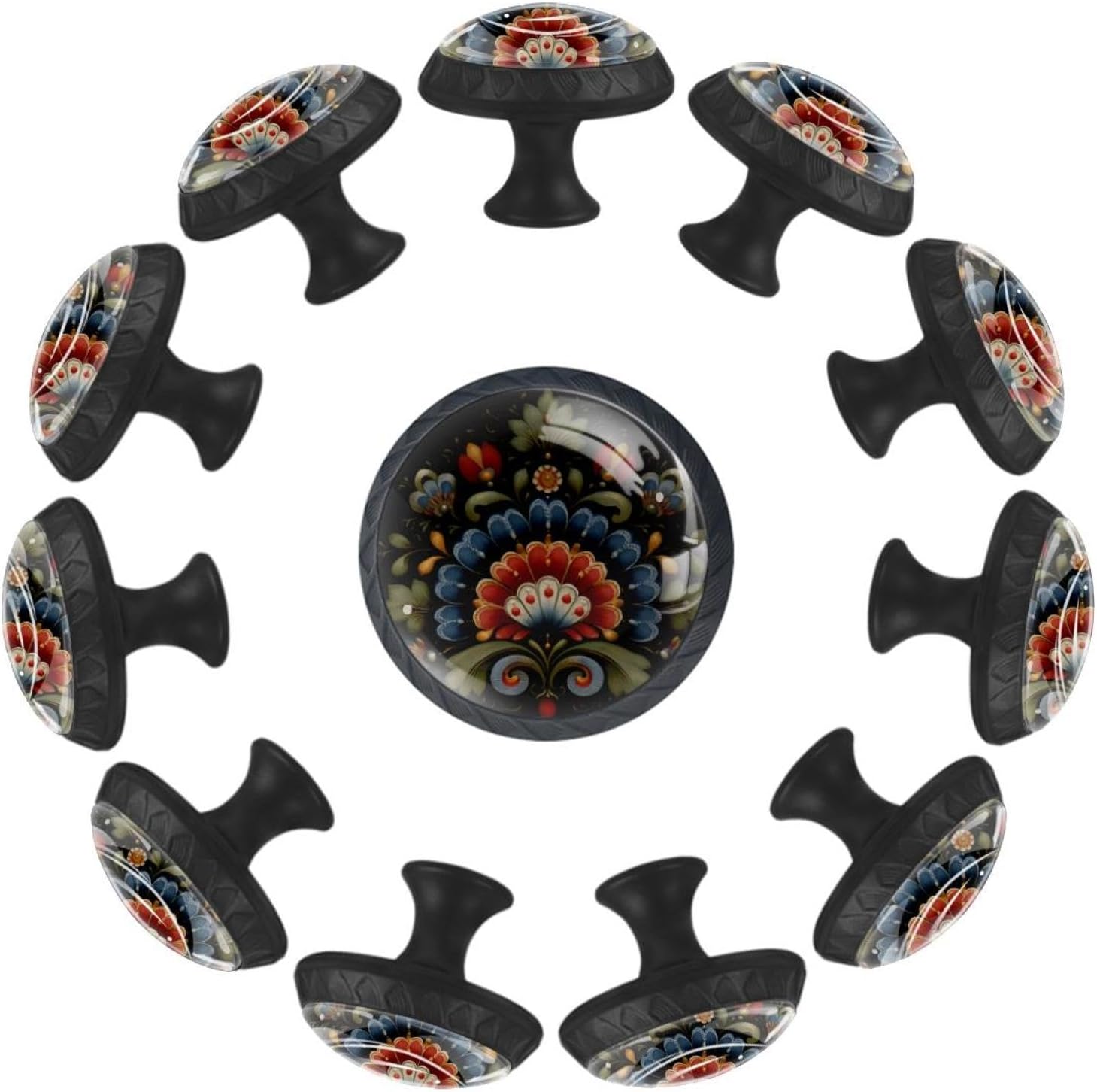 Black Norwegian Rosemaling Folk Style Flower (47) Pattern Drawer Knobs, Sturdy Furniture Knobs for Cupboard Wardrobe Dresser