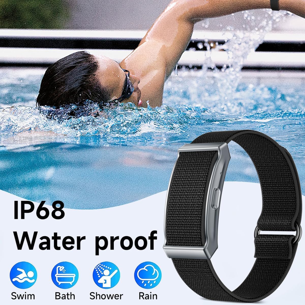 Braccialetto intelligente per la salute, fitness tracker, cardiofrequenzimetro, monitoraggio del sonno, contapassi, modalità multi sport, impermeabile, cinturino in silicone e nylon