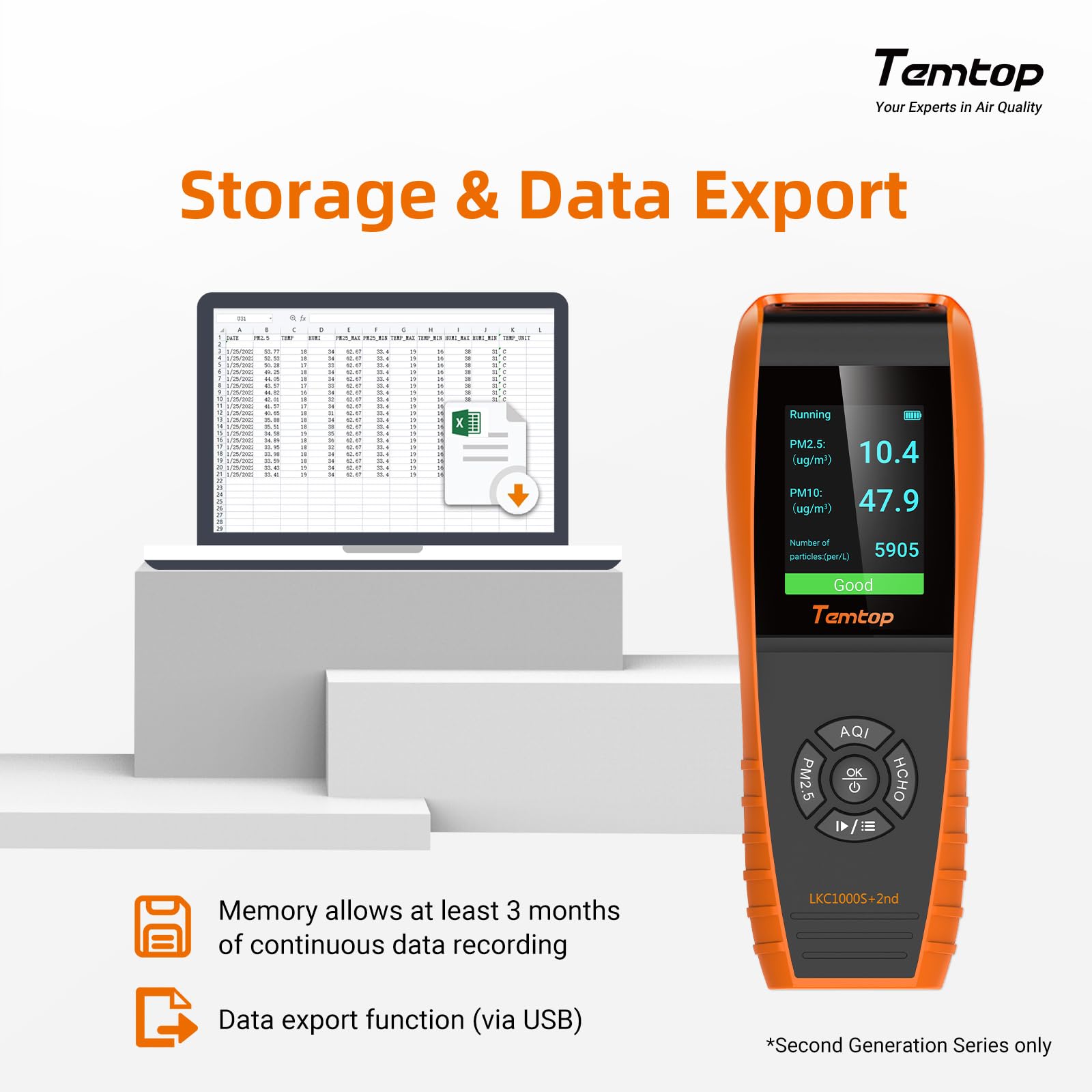 Temtop Air Quality Monitor PM2.5 PM10 Particle Counter, Formaldehyde, Temperature, Humidity, TVOC AQI Tester for Indoor/Outdoor Air Pollution Detection w/Data Export — Amazon image 8