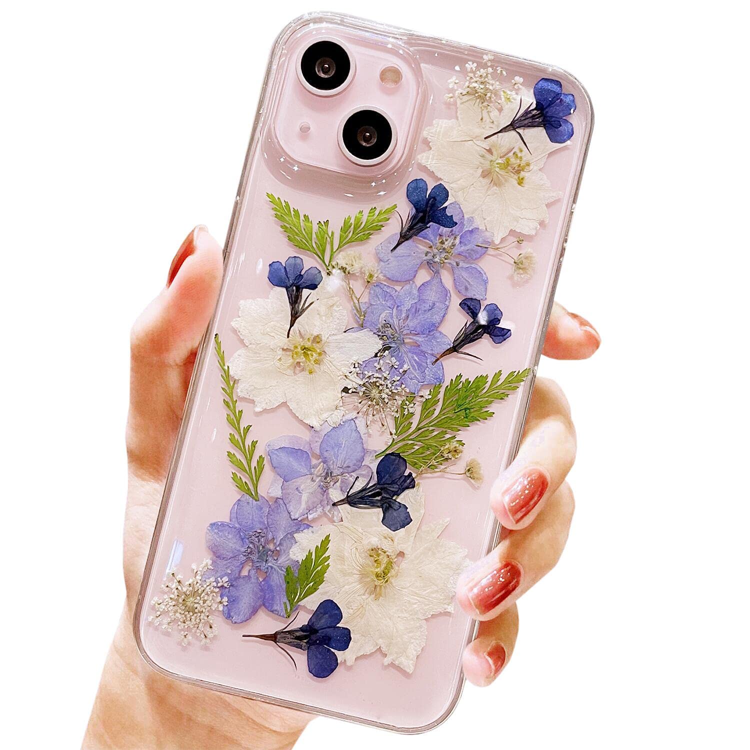 AMART Flower Case Design for iPhone 13 6.1 Inch 2021, Clear Soft TUP Pressed Real Flower Phone Cover Flexible Rubber Floral Case for Women Girls(Navy Flower)