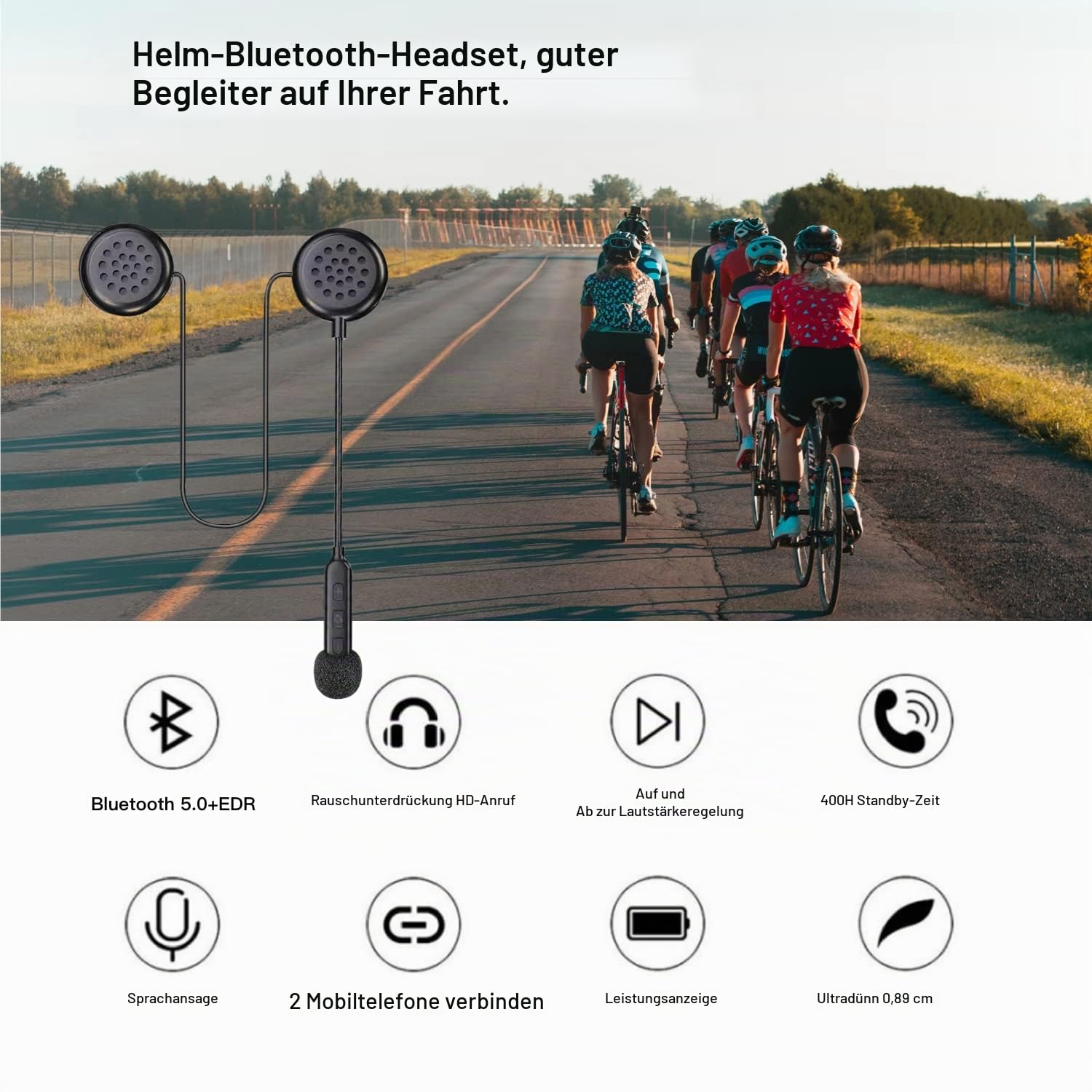Motorradhelm, Bluetooth-Headset mit Bluetooth 5.0, ultradünn, kabellos, Helm, Kopfhörer, Freisprechfunktion, Musikanrufsteuerung, wasserdicht, Helm-Lautsprecher für Motorrad, Skifahren, Reiten