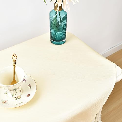 Miniatura 3 de Paquete de 2 manteles cuadrados pequeños de jacquard con patrones geométricos de color amarillo marfil, mantel de mesa para mesa auxiliar de tela