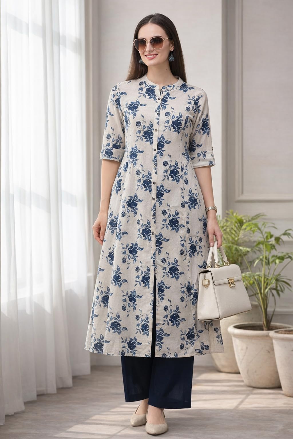 Pistaa's Women's Cotton Regular Fit Kurta (KU_CHESS_MG_MX_Navy Blue_Medium) 3