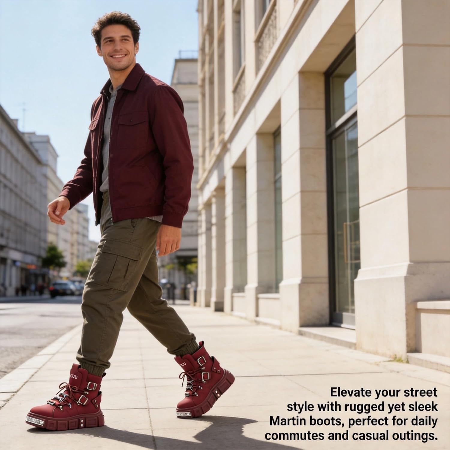 Men's Goth Combat Punk Fashion Boots Chunky Buckle Strap Ankle Boots Rivet Embellished Platform Lace-Up Side Zipper Design