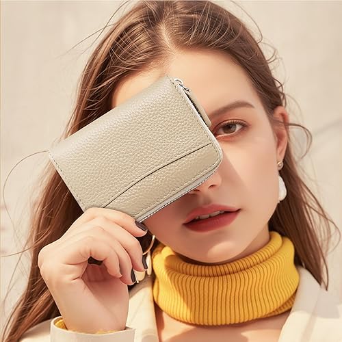 Miniatura 6 de Cartera de cuero genuino con bloqueo RFID, con cierre y bolsillo para monedas, lujo para mujeres, Amarillo claro, Classic