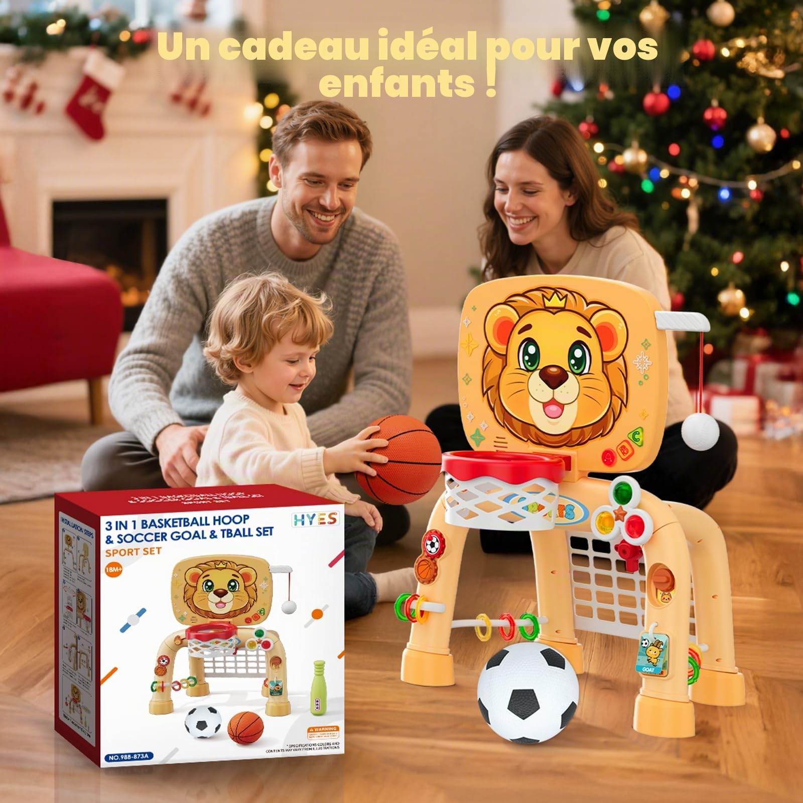 HYES 3 en 1 Enfants Panier de Basket avec Football Baseball, Basketball Stands avec Football Gate, Mini Panier Basket Activités d'apprentissage Jouets Cadeau pour Bébé Garçon Fille Intérieur Extérieur