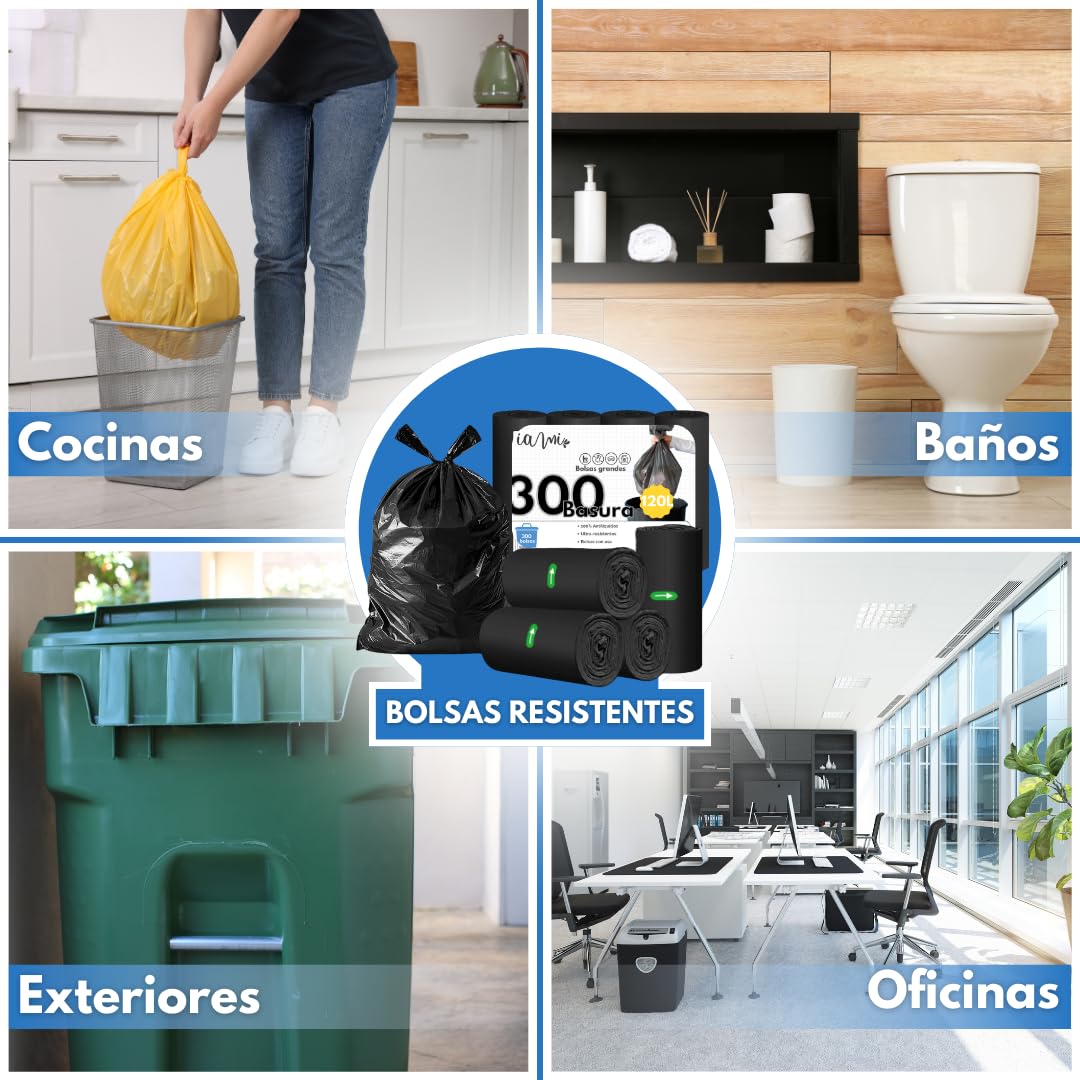 Bolsas de Basura Extra Grandes y Resistentes de 120 Litros - Para Cubo Grande - 85x105 cms - Color Negro (30 Rollos x 10 Bolsas)