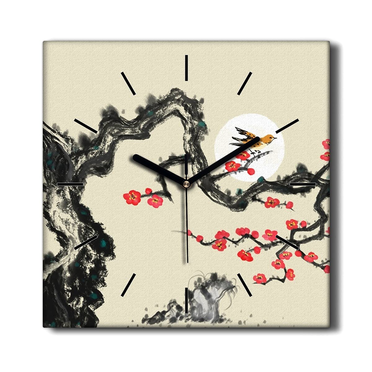 Horloge sur toile Coloray 30x30 cm oiseau sur branche et fleurs pour salon