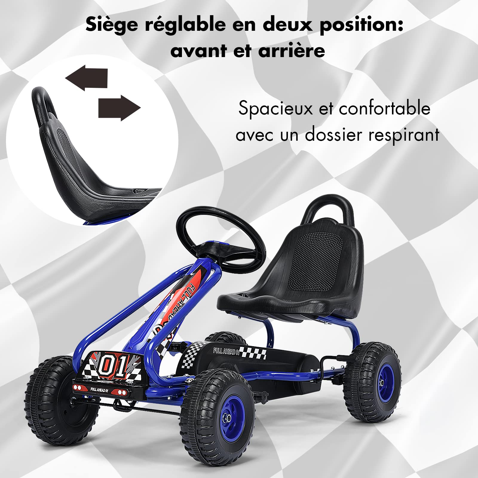 Kart à pédales Go-Kart pour enfants siège réglable pneus EVA embrayage