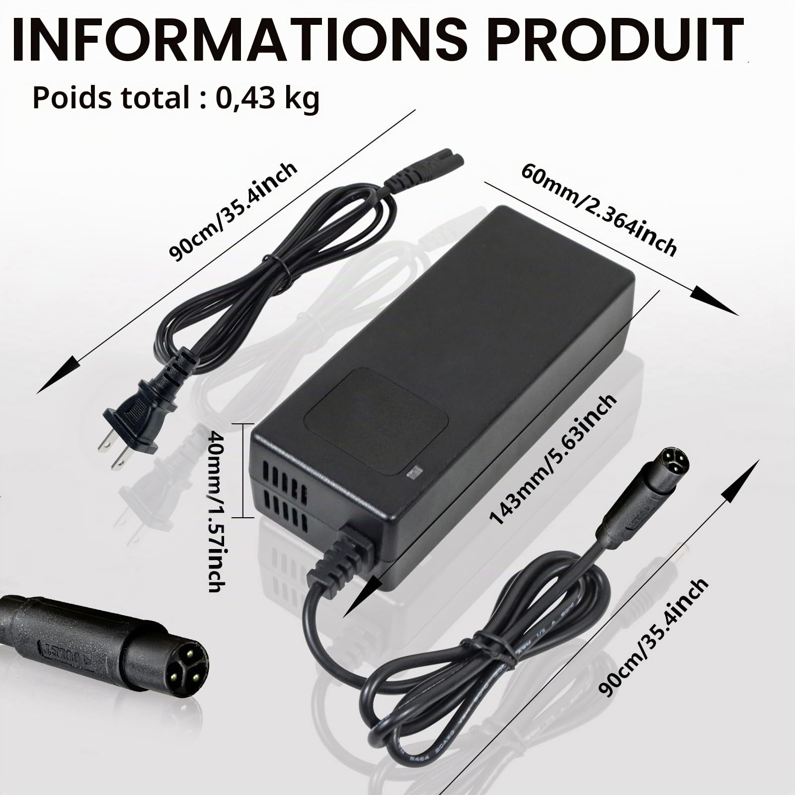 Chargeur 54,6 V 2 A pour trottinettes électriques G2 Master, G3 Pro, A1, Compatible avec Les Batteries Lithium 48 V.