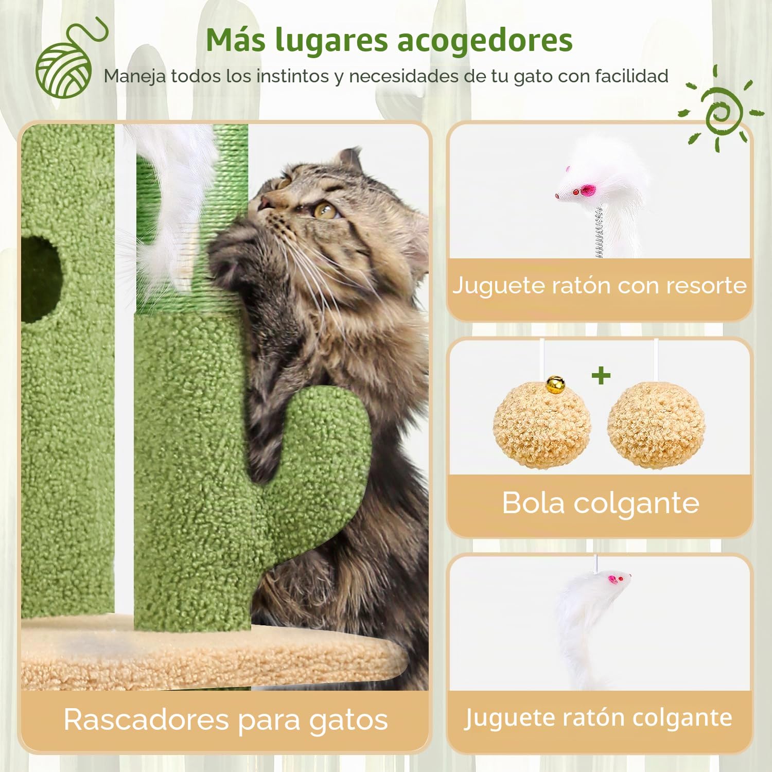 Globlazer Árbol Rascador Cactus Verde con 2 Nidos, Plataformas Acolchada, Felpa Gatos Juquetes, Estable Rascador Fácil de Escalar Grande Gato Viejo Gatitos Descansar Jugar Interior (FC50, Verde)