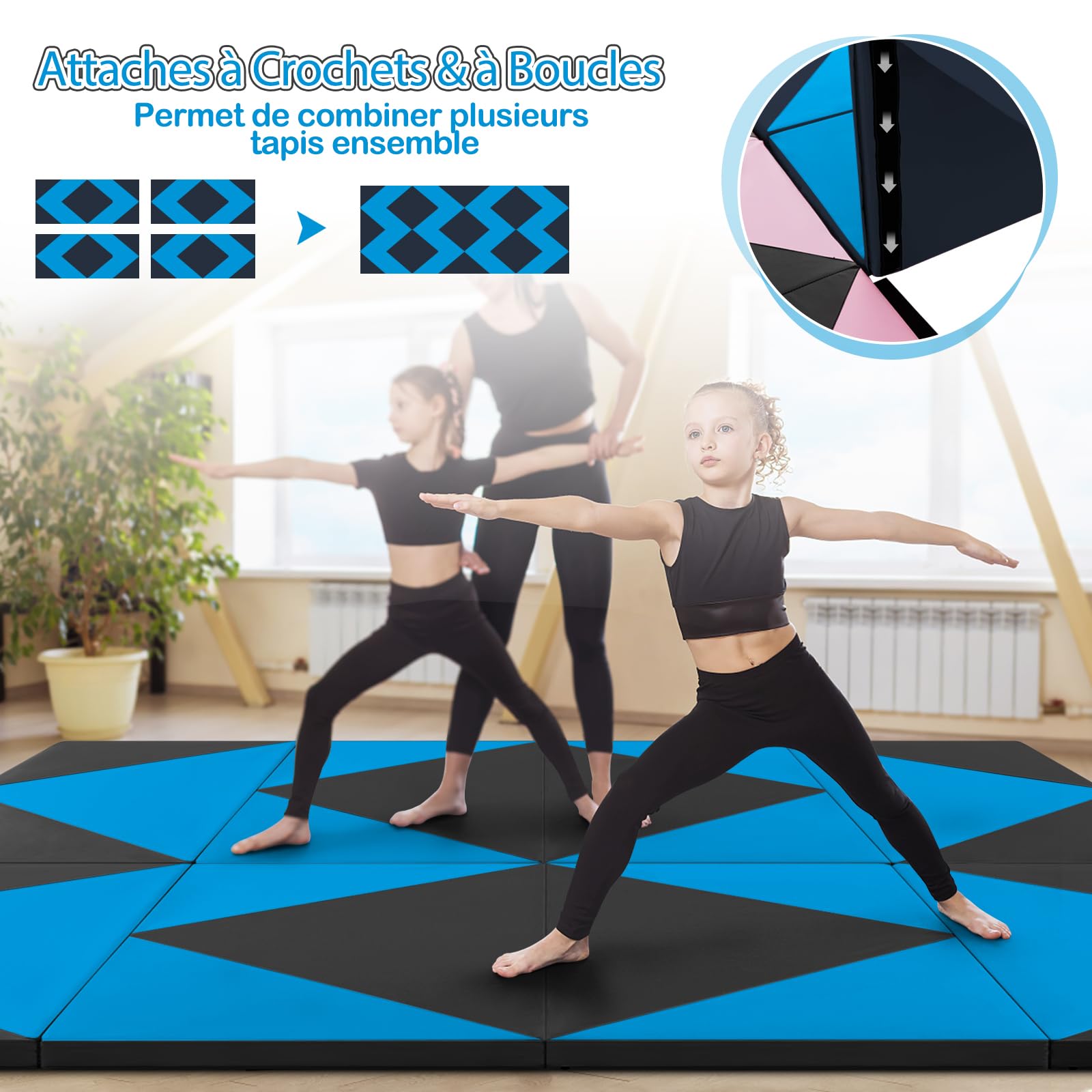 GOPLUS Tapis de Gym Pliable, 240x117x5CM, 4 Plis & Poignée Latérales pour Transport, Tapis Gymnastique en Cuir Imperméable, Attaches Auto-agrippantes pour Gym, Yoga, Fitness