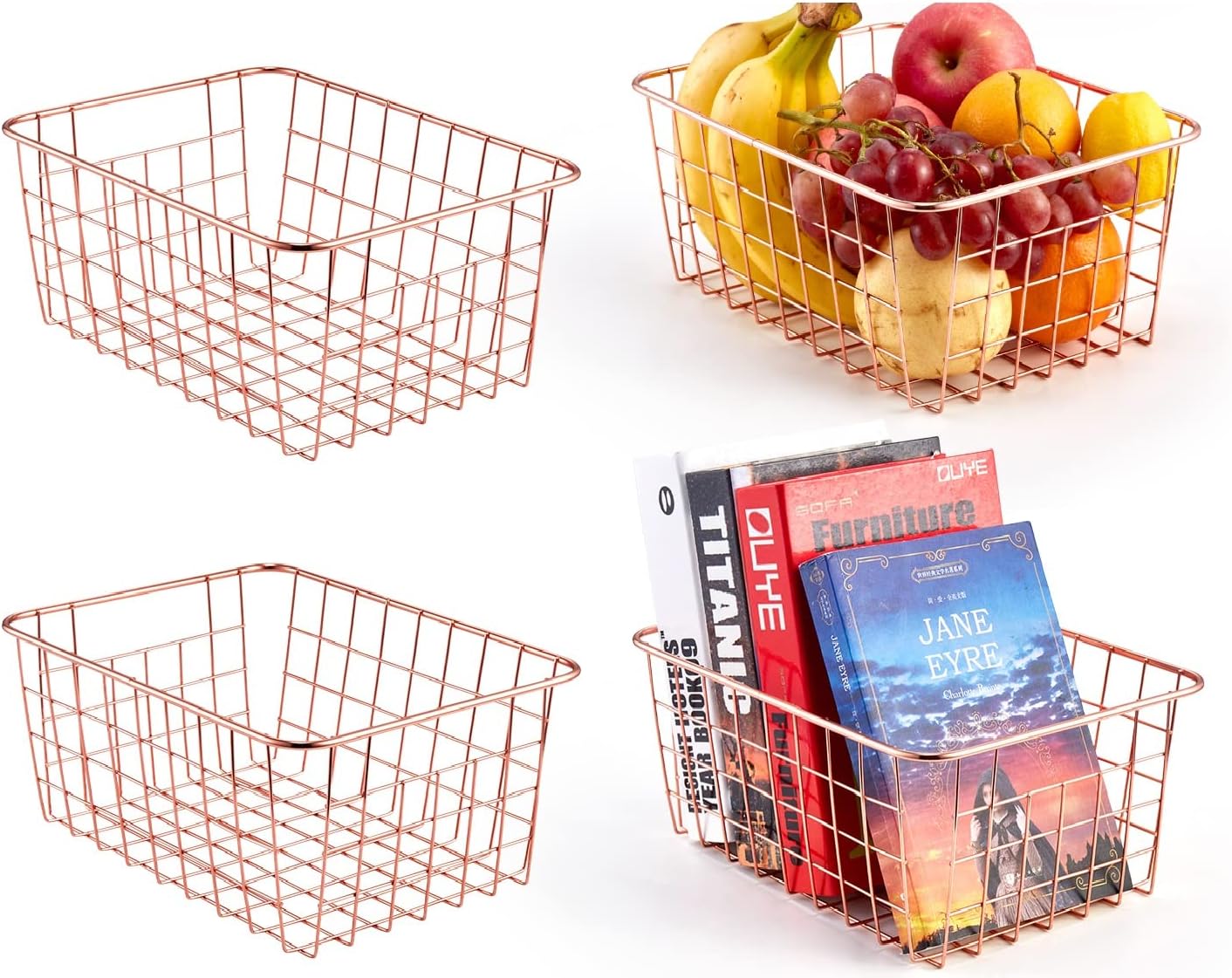 SINARDO Storage Wire Baskets Organized For Kitchen Freezer Bedroom Bathroom Pantry Basket (Rose Gold, Large X 2pcs + Mid X 2pcs)
