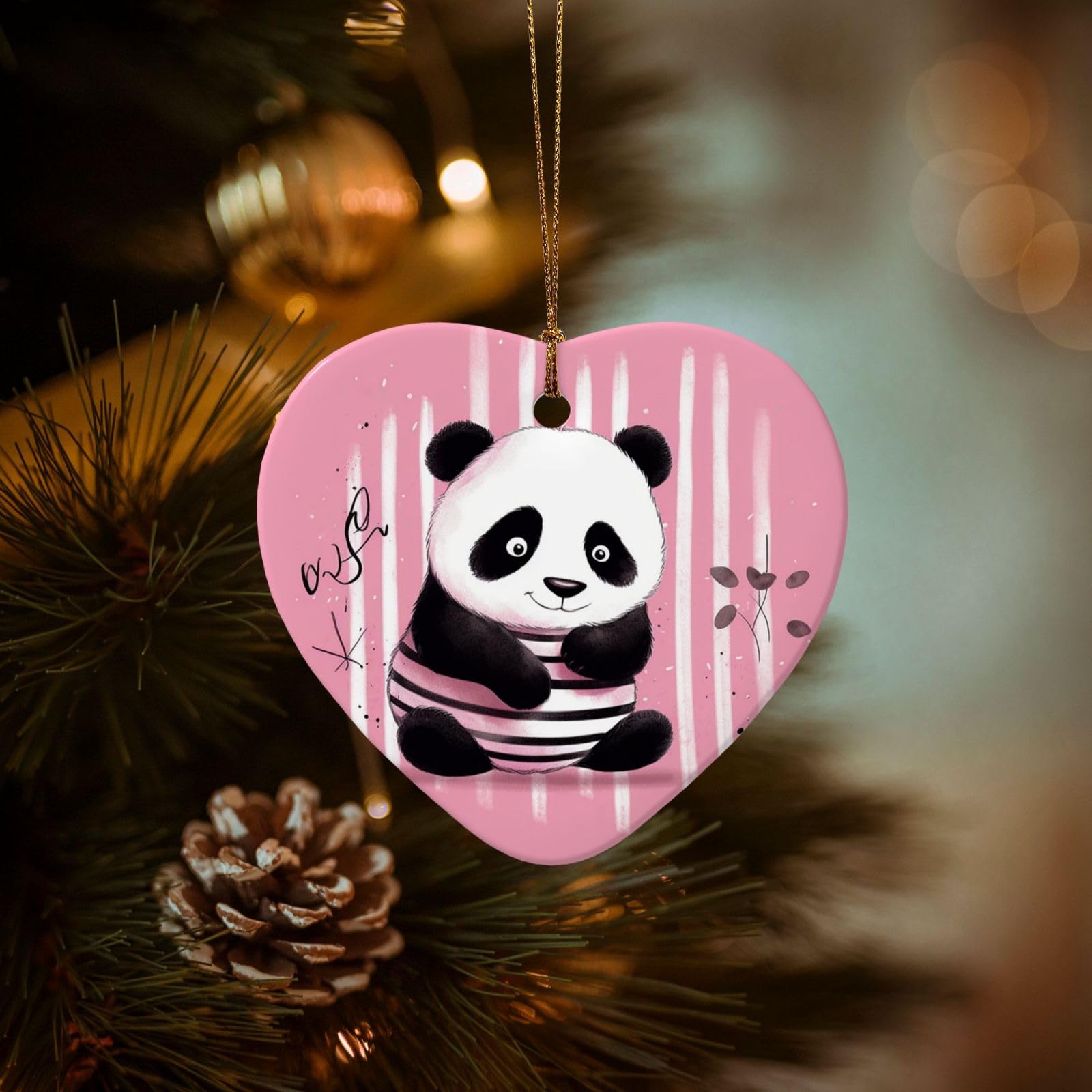 Christmas Tree Ornaments Ceramics Christmas Decorations Striped Panda Ornaments with Gold Ribbon Porcelain Xmas Tree Crafts Heart Shape Hanging Pendant for Christmas Tree Party Decor