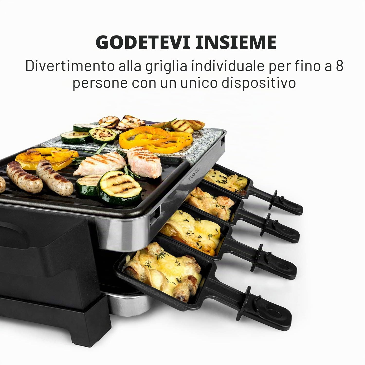 Klarstein Sirloin - Piastra per Raclette, Padelle per Raclette, 1500 Watt, 2 in 1: Alluminio e Pietra Naturale, Termoelemento in Acciaio Inox, Termostato Regolabile, per 8 Persone, Acciaio