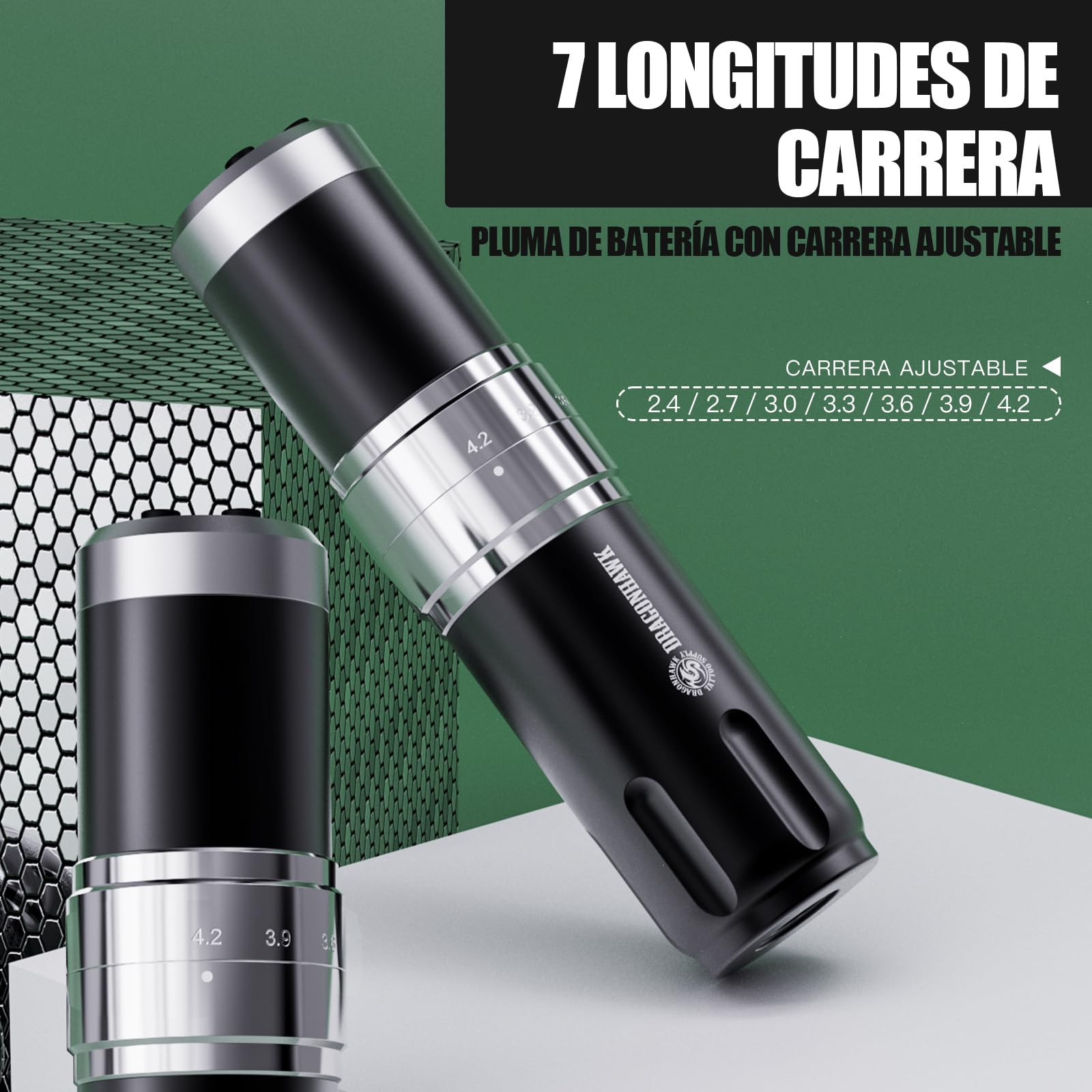 Dragonhawk Penna senza fili rotante Tattoo Machine 2 Batteria 1500mAh 7 Stroke Regolabile 2.4mm-4.2mm Lunghezza Schermo Display LED, adatto per principianti