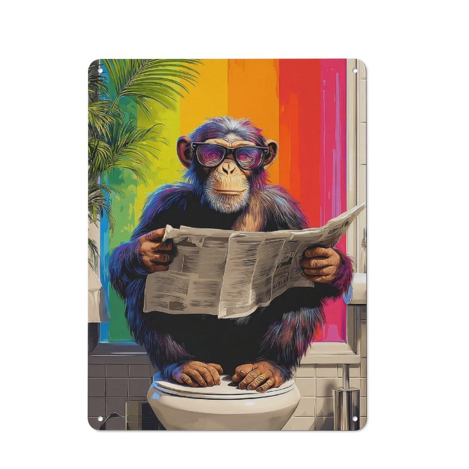 Junmoney Chimp Reading Newspaper On Toilet-2 Tin Wall Plaque 40X30cm With For Garage Wall, With Clear Vintage Wall Decor Character