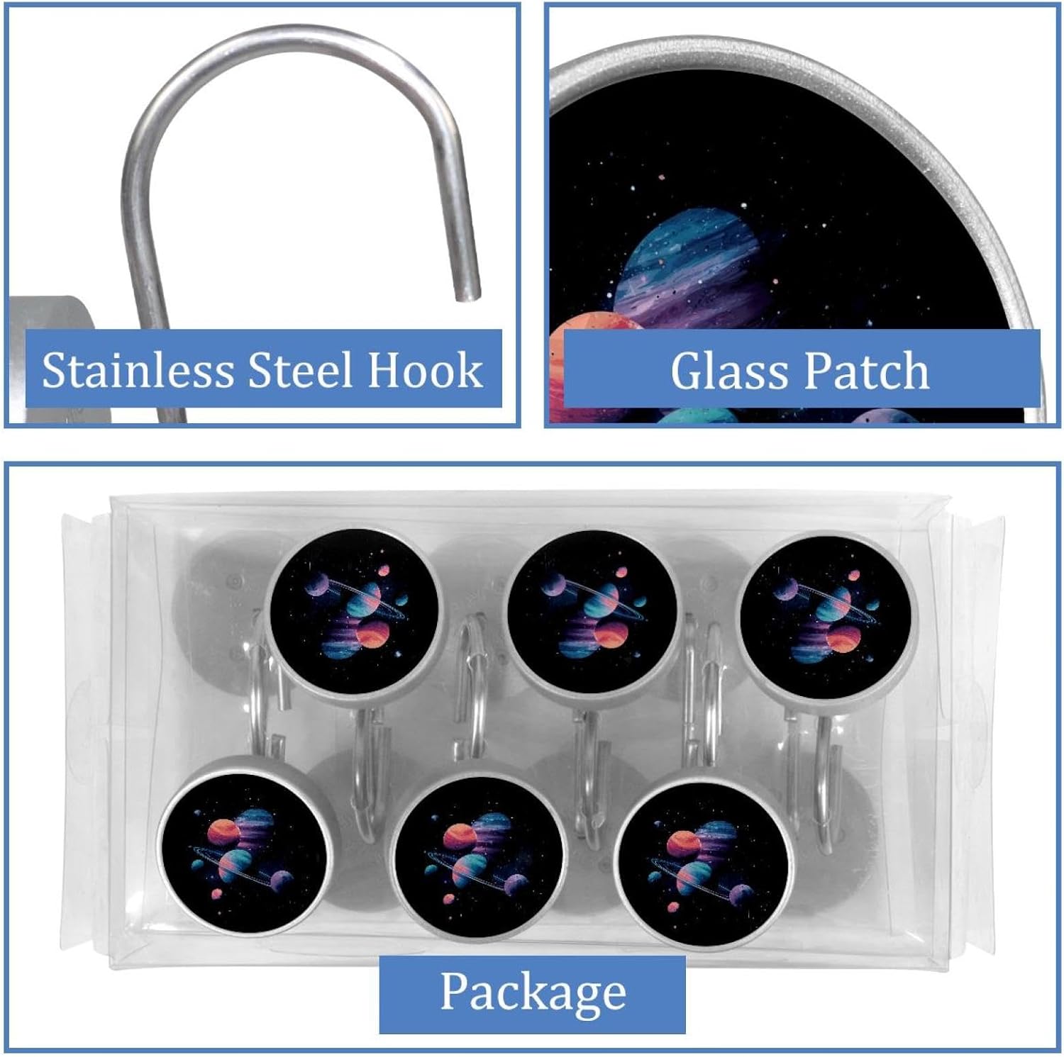 Galaxy Space Planets (1) Crystal Glass Shower Curtain Hooks Rings Decorative Bathroom Decor - Set of 12