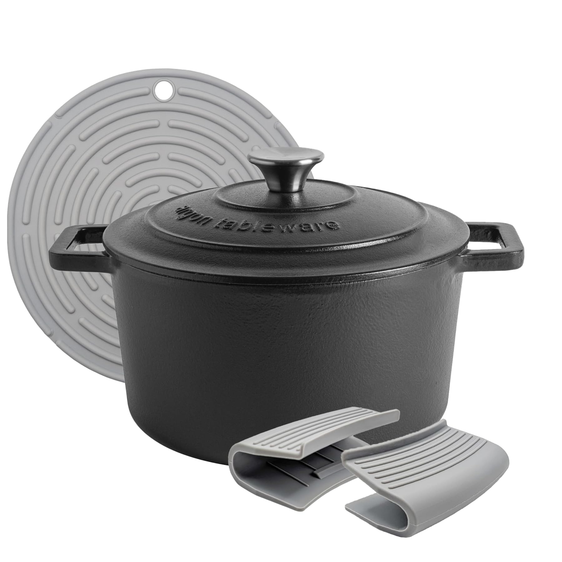 Argon Tableware 4.5L Round Cast Iron Casserole Dish with Self-Basting Lid - Matte Black - Induction Hob Cooking 4.75QT Dutch Oven Bread Baking Serving Roasting Stew Stock Pot Pan