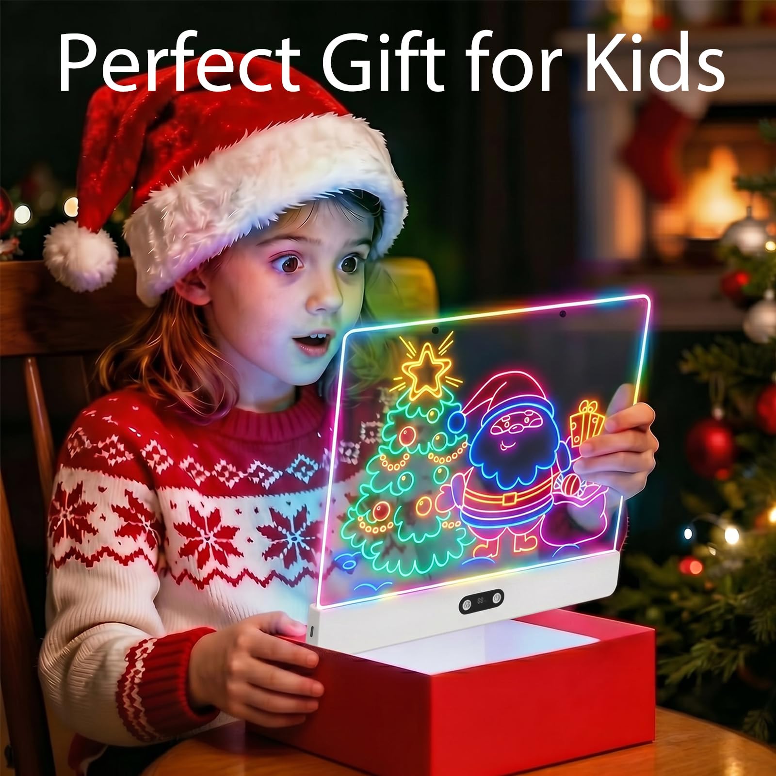 Tablero de Dibujo LED Recargable con Luces RGB para Niños,Panel de Acrílico,8 Colores Estáticos y 3 Modos Dinámicos,Batería de 1500 mAh,35x26cm Pizarra de Dibujo con Soporte Oculto para Arte,Blanco