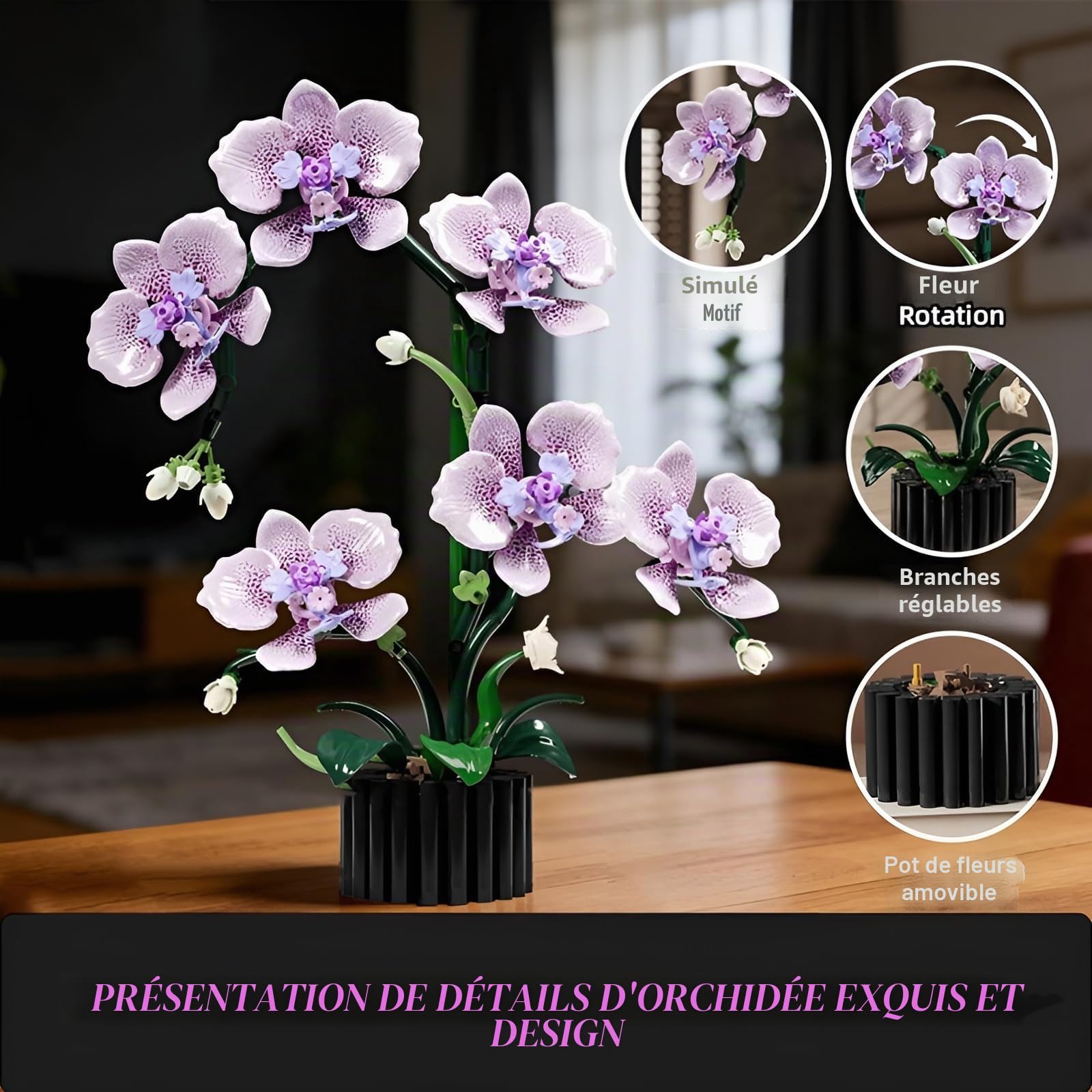 Kit de blocs de construction de fleurs d'orchidée violette, 619 pièces, modèle de la collection botanique pour décoration d'intérieur, ensemble de briques florales artificielles, excellent cadeau pour