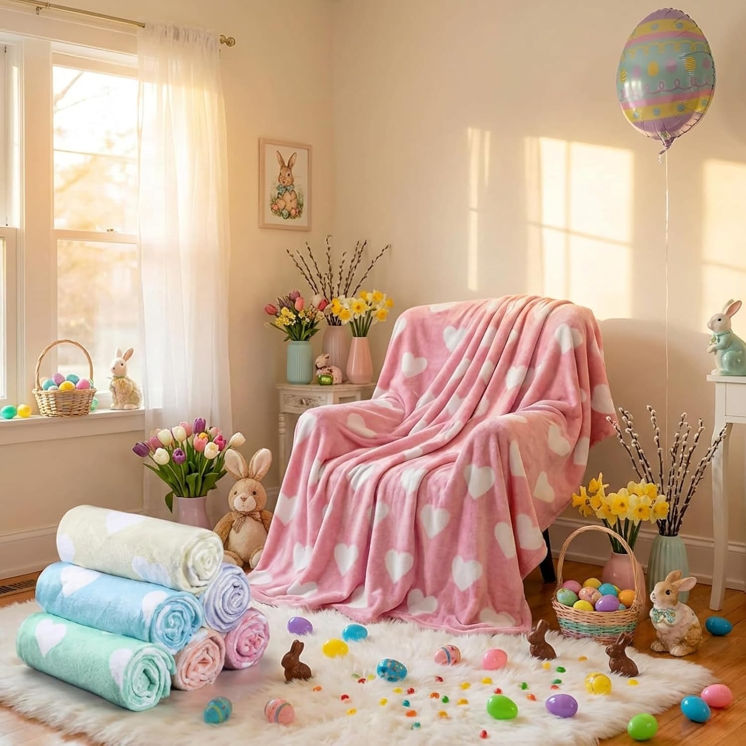 6 Pack Easter Throw Blankets 50 x 60 Pastel Love Heart Soft Fuzzy Plush Cozy Flannel Blankets for Mother Day Wife Women Self Gifts Couch Sofa Bedroom Living Room Decor - Image 3