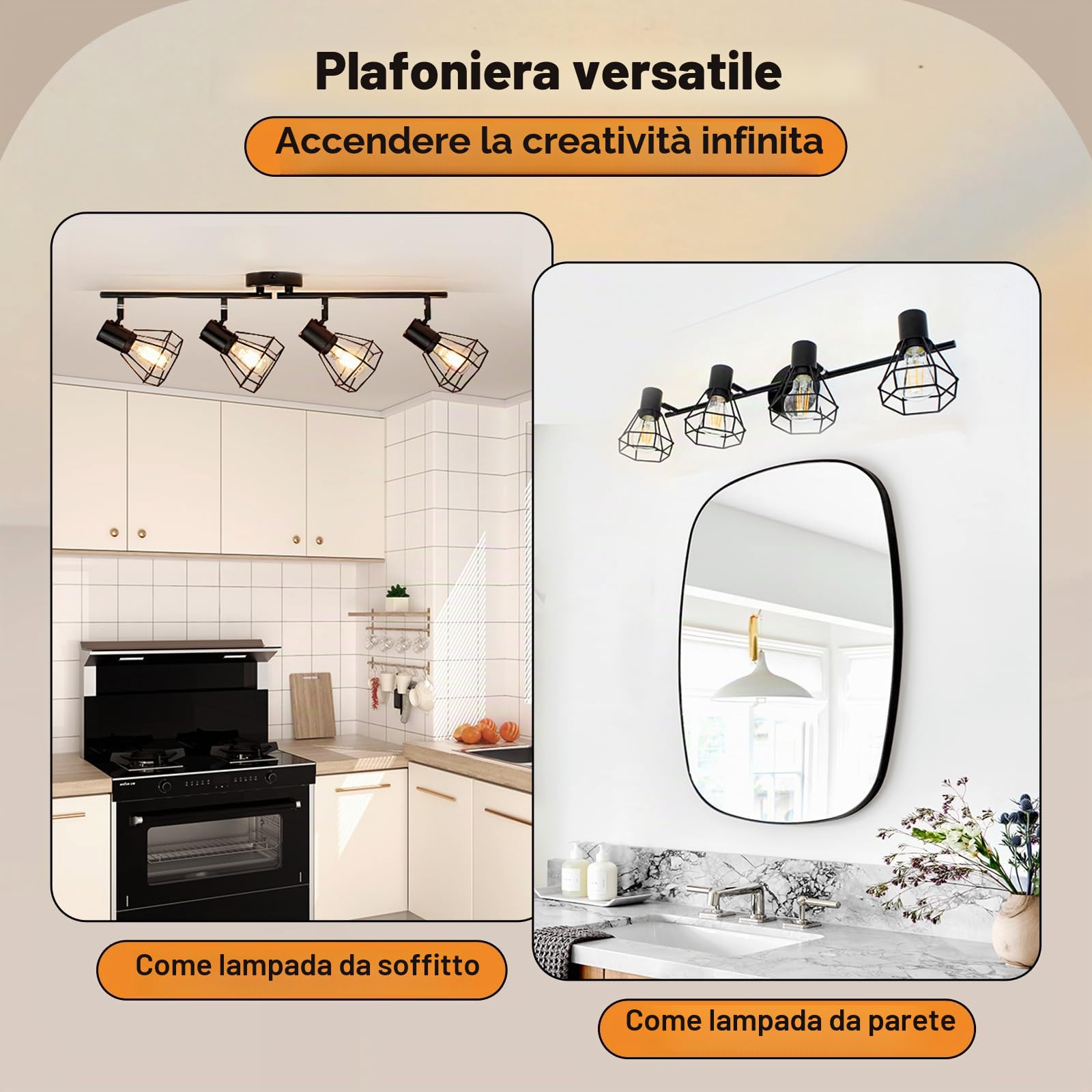 HiBay Plafoniera 4 Luce Orientabili, Nero Faretti da Soffitto Vintage Industriale per Cucina