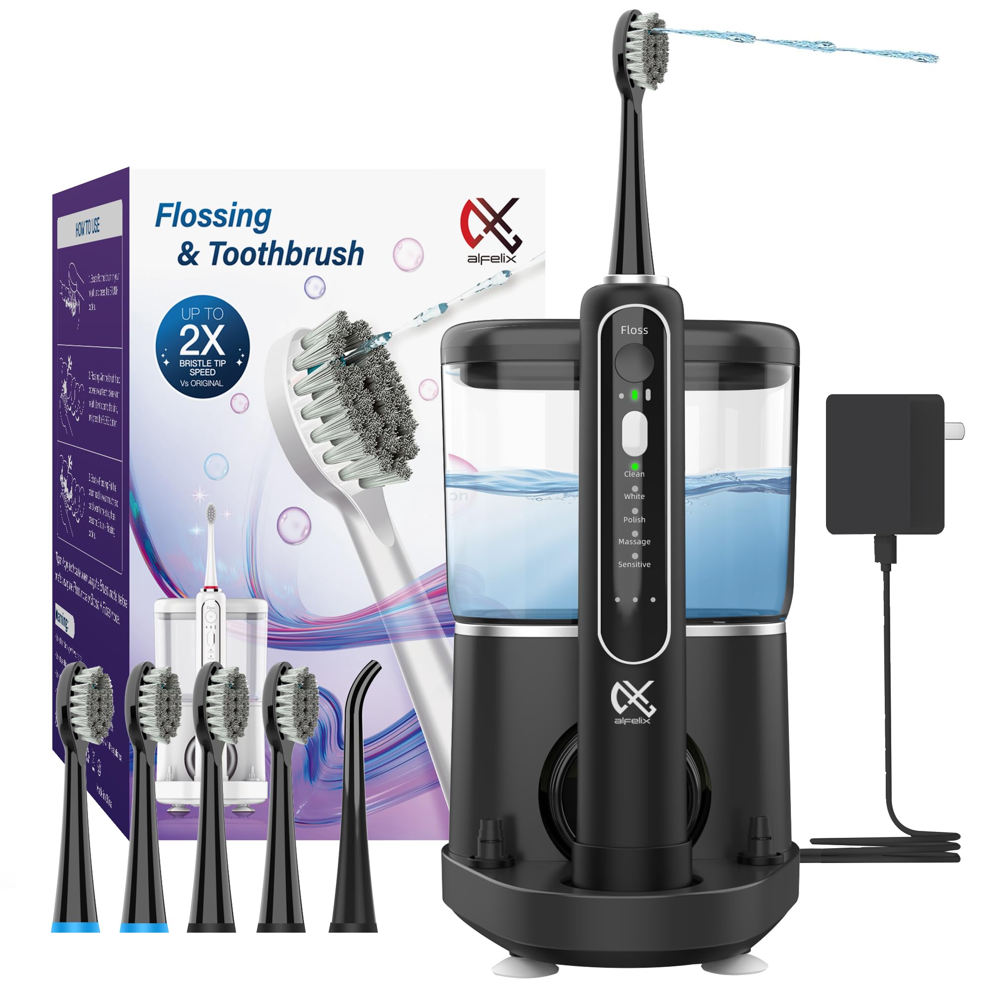 Professionelle elektrische Zahnbürste mit Wasserseide, 2-in-1 elektrische Zahnbürste und Wasserflosser, elektrische Schallzahnbürste, kabellose Zahnseidebürste (schwarz)