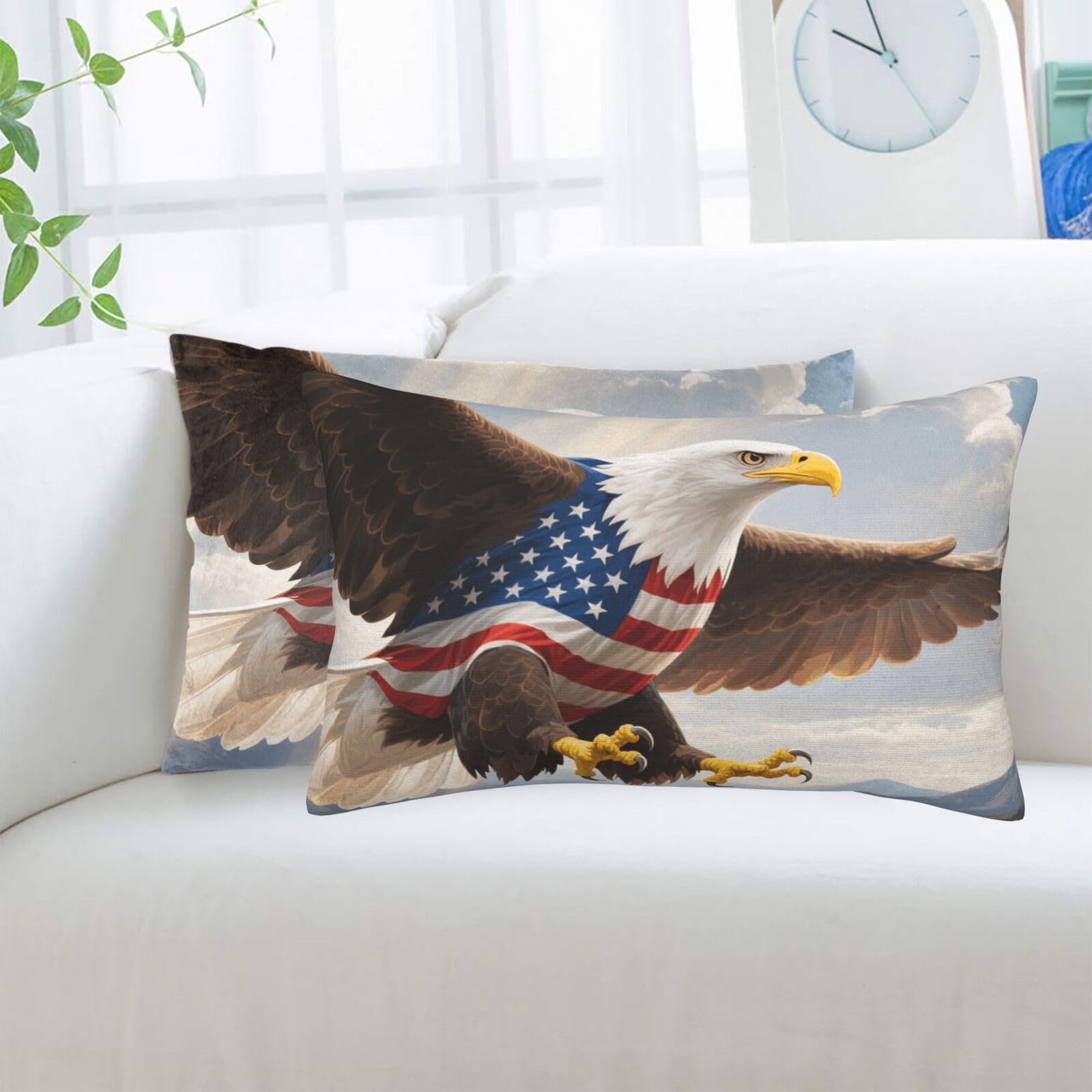 2 Pack Standard Pillowcases Sets, Ultra Soft Comfort Microfiber Plush Pillow Cases American Eagle Flag Decorative Throw Pillow Cover with Hidden Zipper for Bedroom, Sofa, Couch,16"X24"